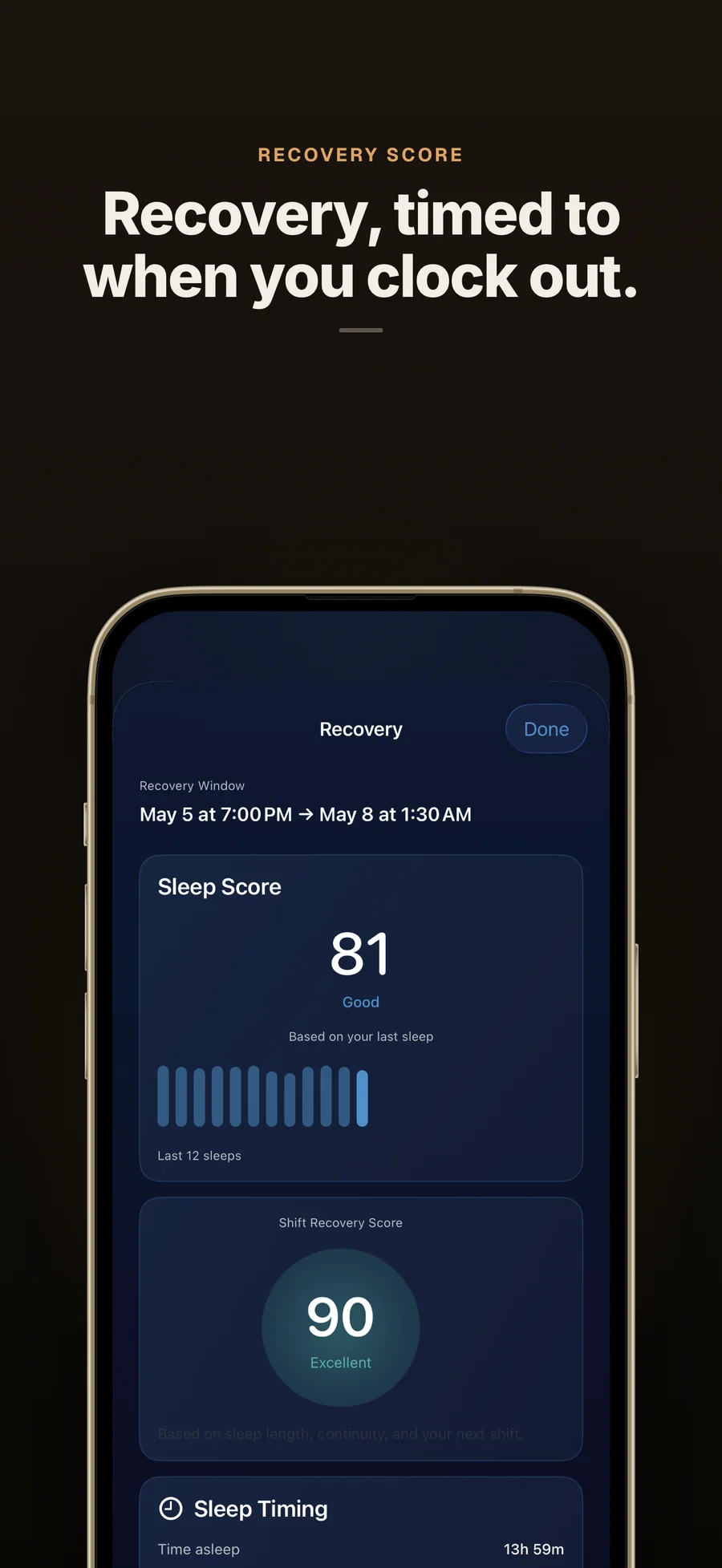 AfterShift recovery score of 81 on iPhone, timed to when a shift worker clocks out