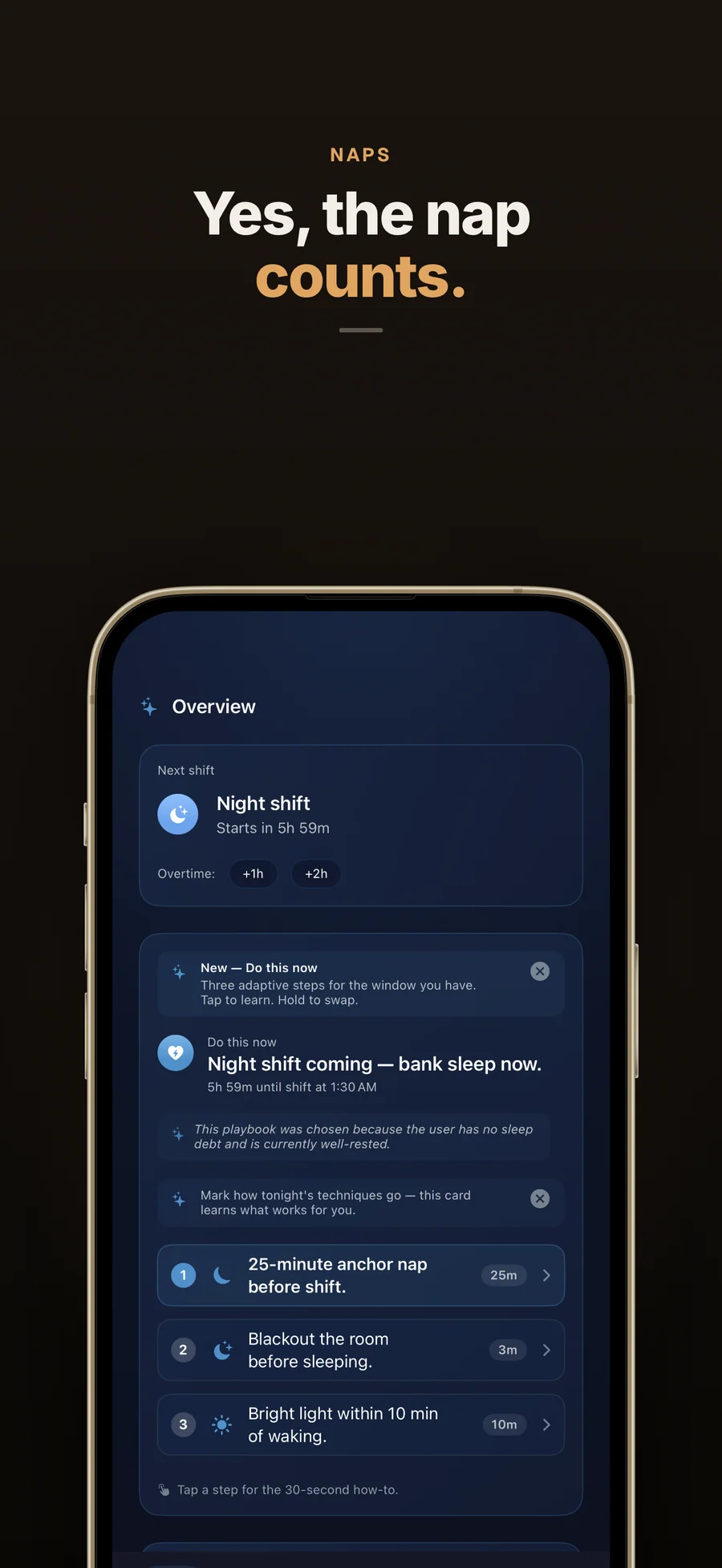AfterShift nap guidance showing a recommended nap before a night shift