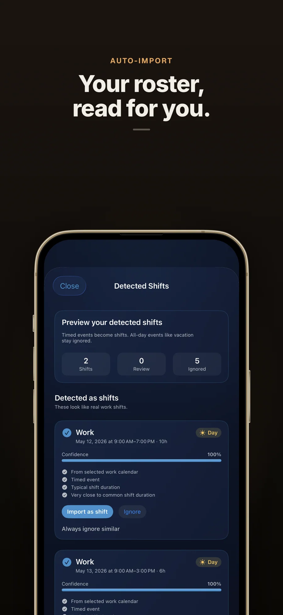 AfterShift roster import previewing detected shifts from a calendar before adding them