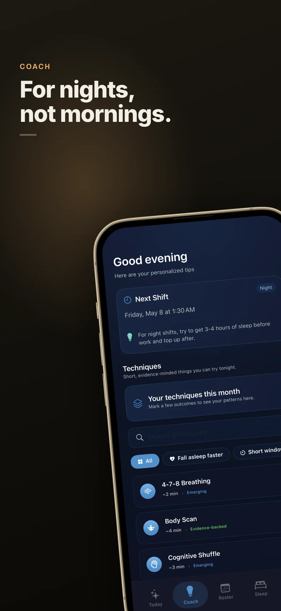 AfterShift coach screen with evening sleep techniques for shift workers