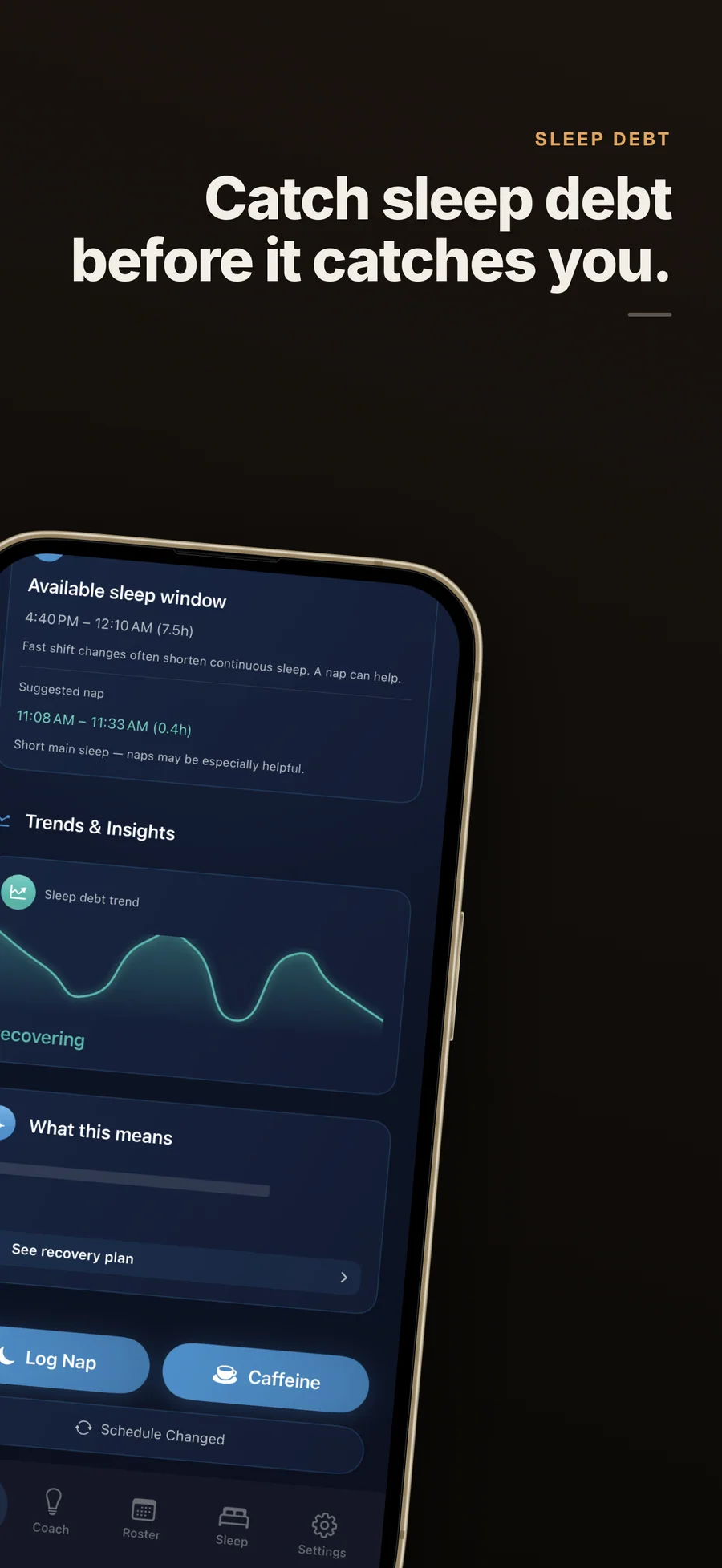AfterShift sleep debt trend chart with a recovery plan for catching up