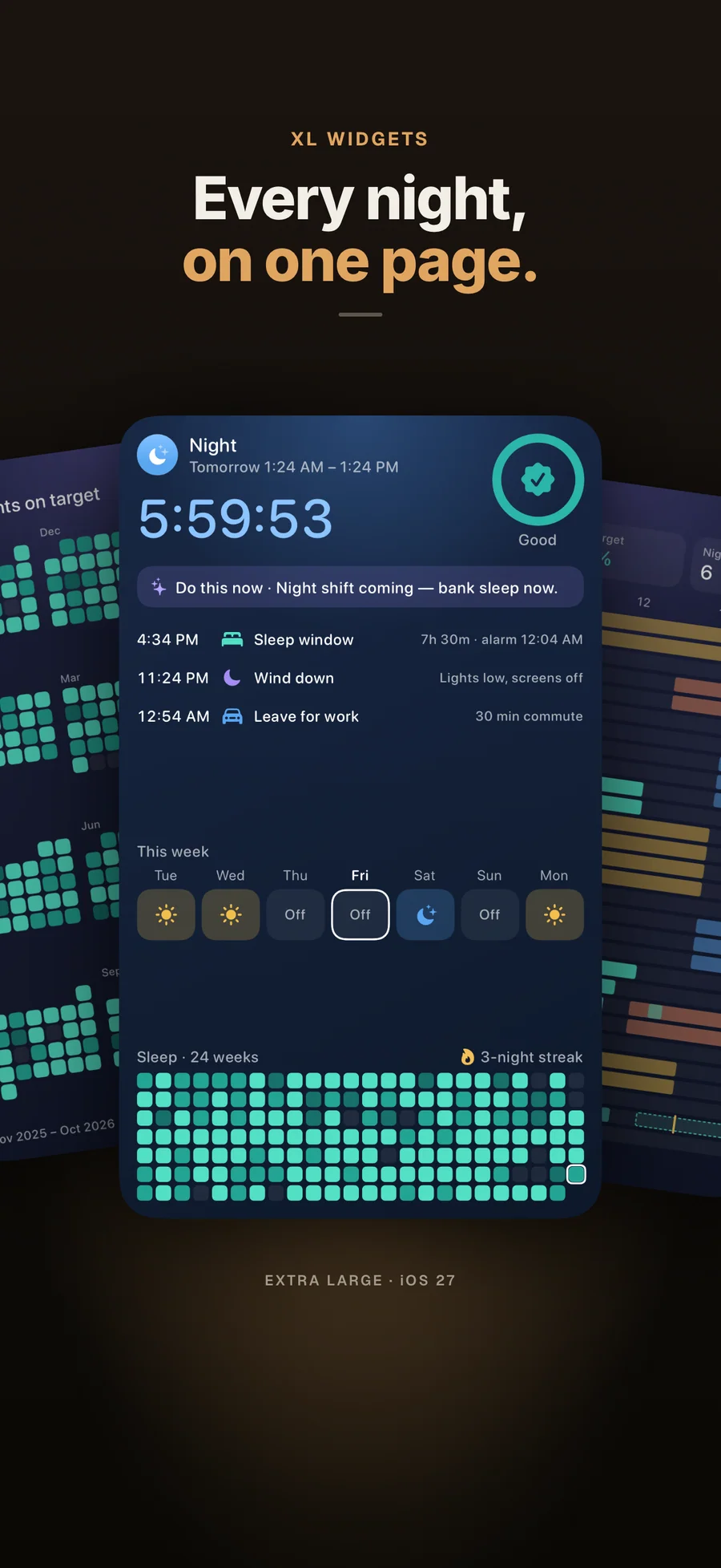 AfterShift extra-large widget showing a night countdown and sleep heatmap on one page
