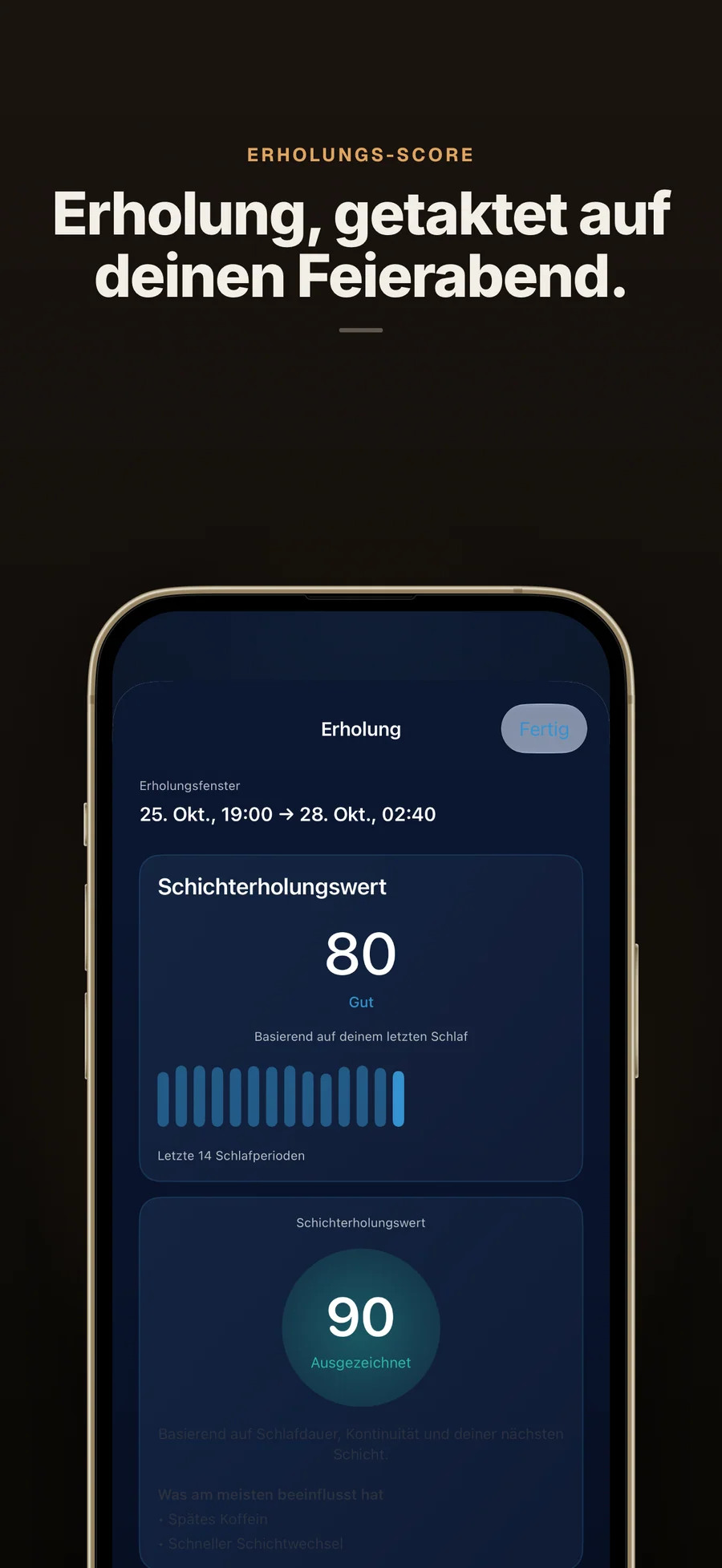 AfterShift auf dem iPhone mit einem Erholungswert von 81, abgestimmt auf das Dienstende