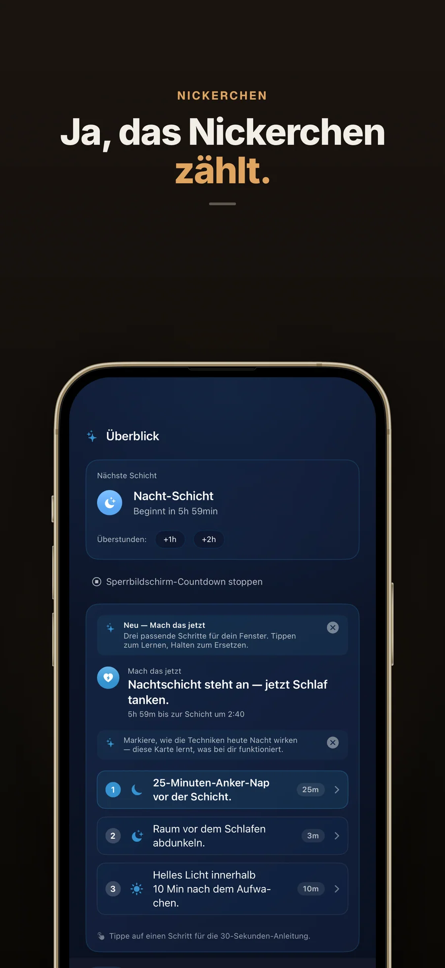 Nickerchen-Empfehlung in AfterShift: ein empfohlenes Nickerchen vor einer Nachtschicht
