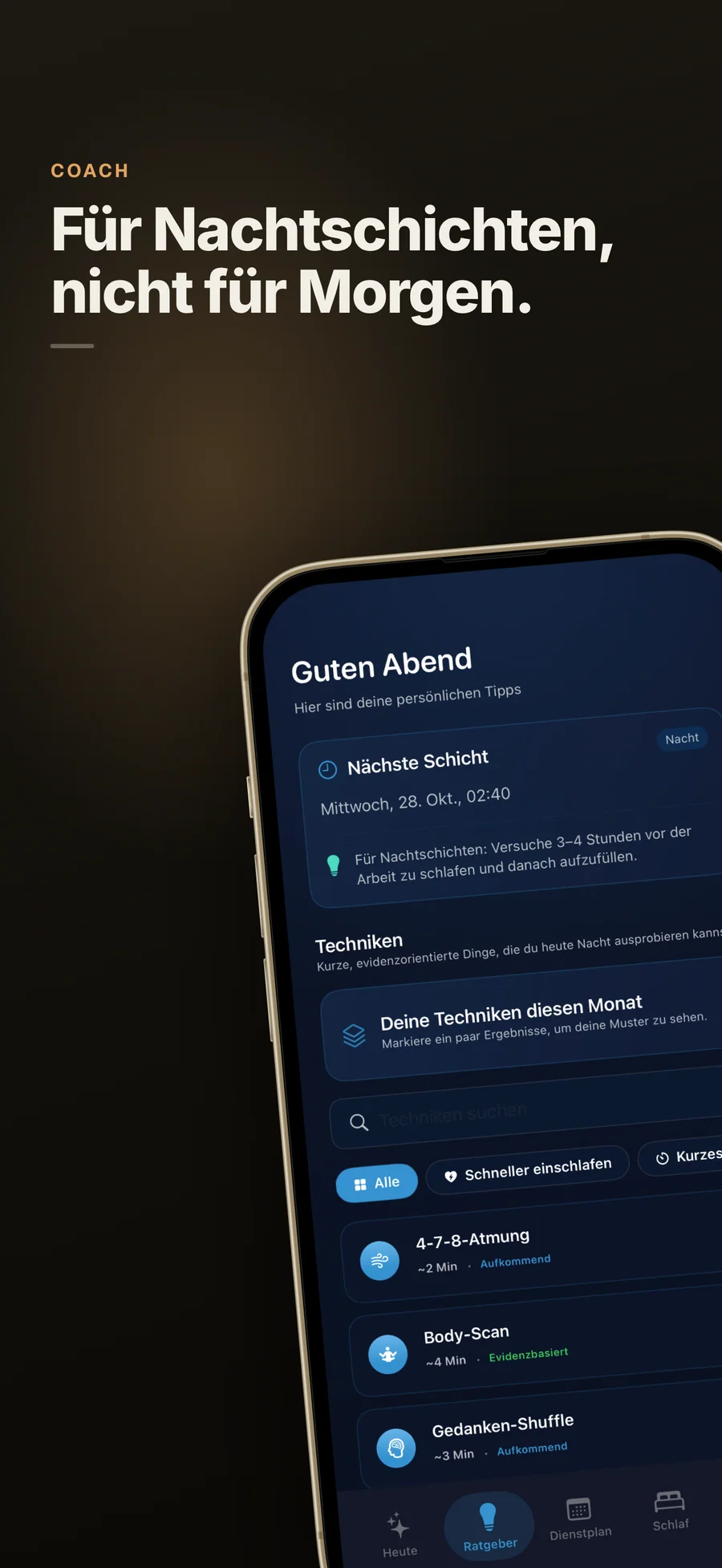Ratgeber-Bildschirm in AfterShift mit Schlaftechniken für den Abend für Schichtarbeitende