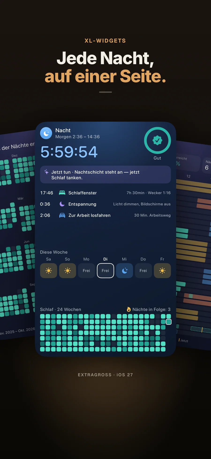 Extragroßes AfterShift-Widget mit Countdown bis zur Nachtschicht und Schlaf-Heatmap auf einer Seite