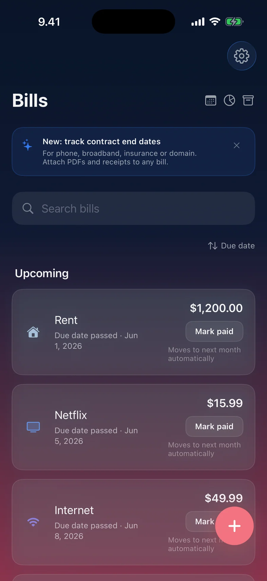 AllPaid bills list on iPhone with upcoming bills, amounts and mark-as-paid buttons
