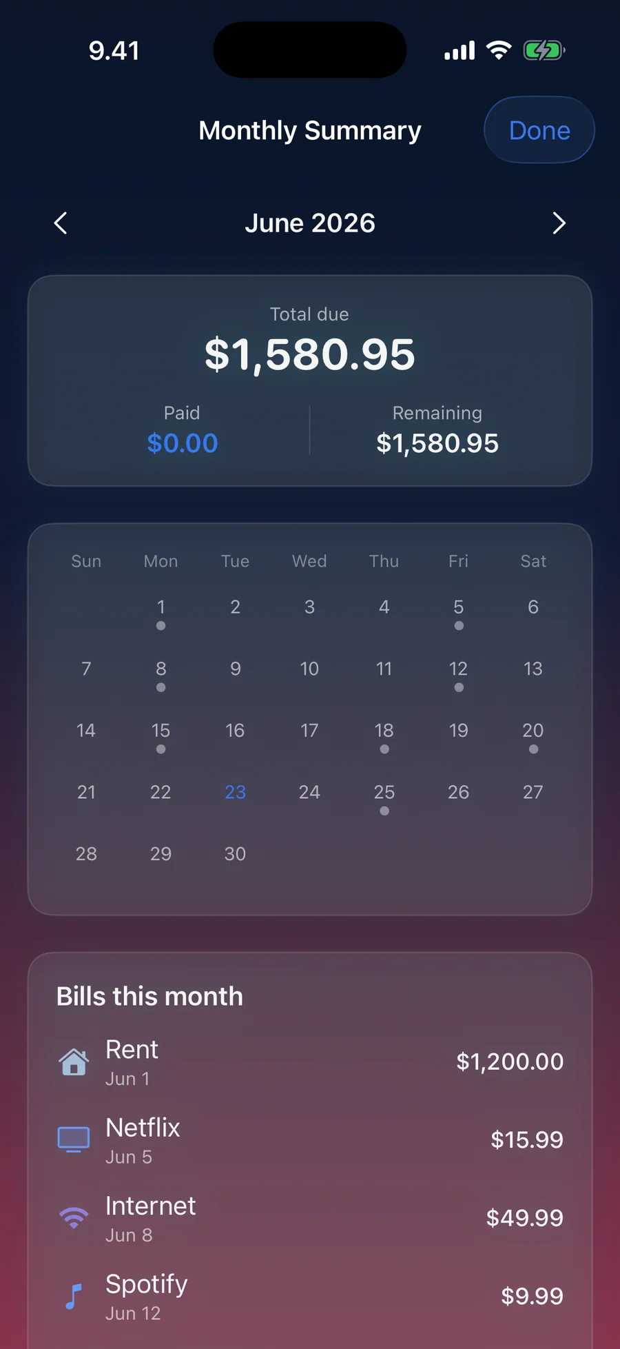 AllPaid monthly summary with a due-date calendar, paid and remaining totals