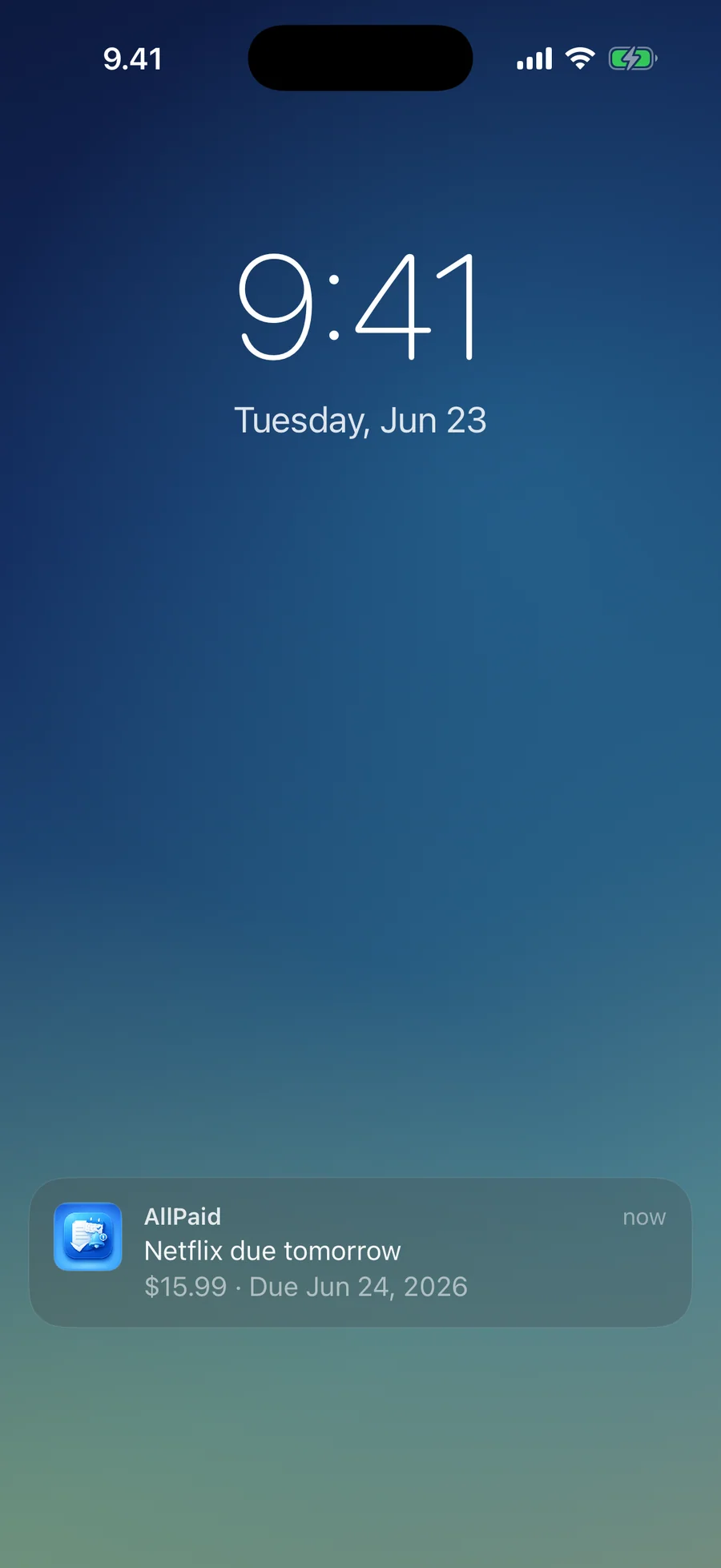 AllPaid lock screen notification reminding that a bill is due tomorrow