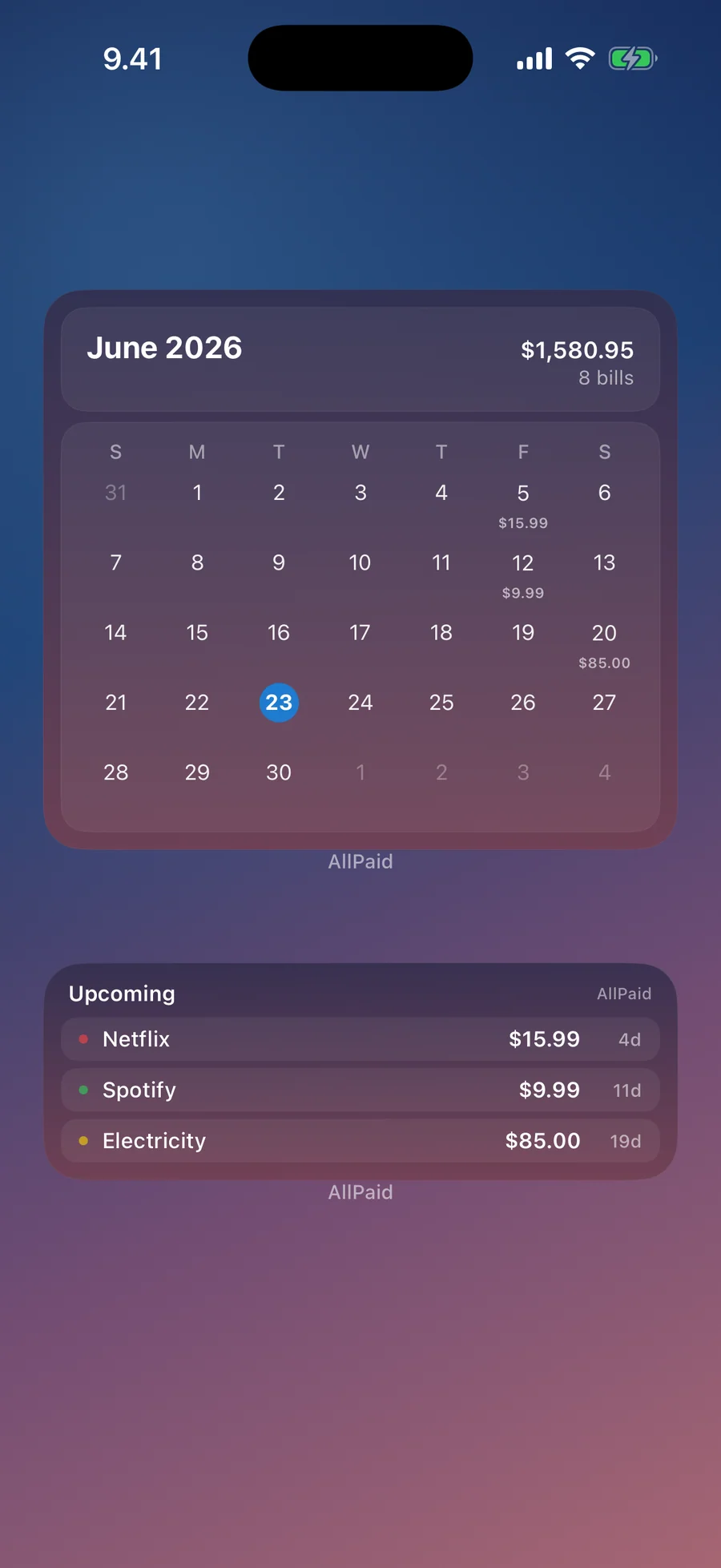 AllPaid Home Screen widgets with a month calendar and upcoming bills