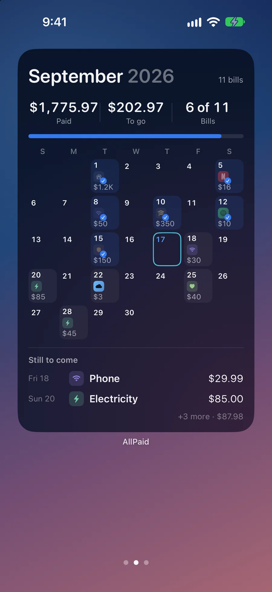 AllPaid extra-large calendar widget showing bills due across a month
