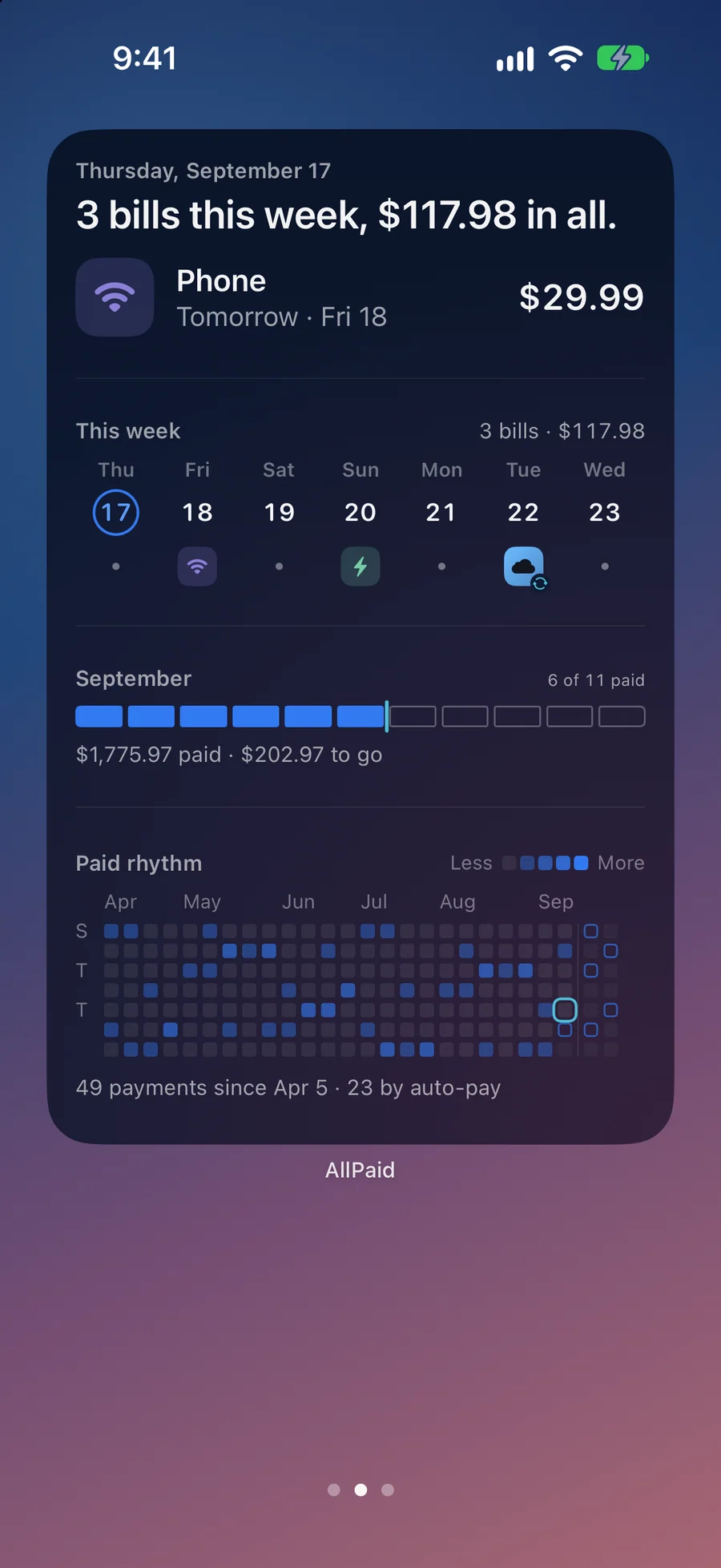 AllPaid extra-large Horizon widget listing bills due this week with a running total