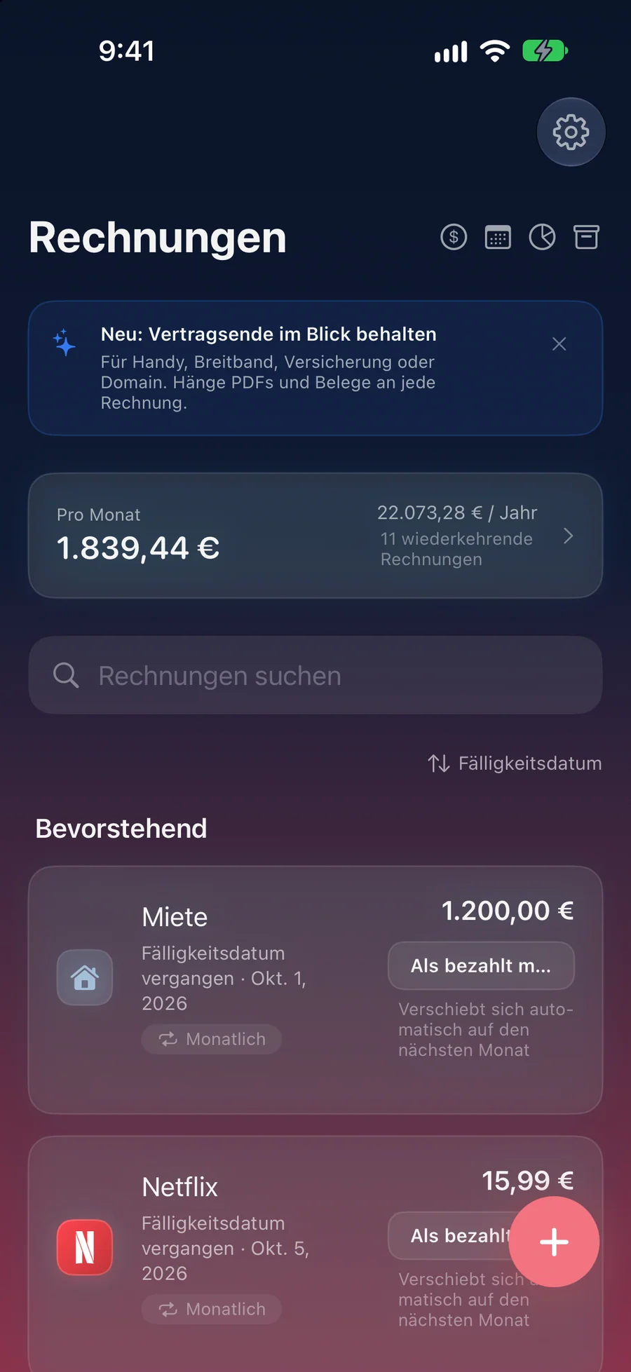 AllPaid-Rechnungsliste auf dem iPhone mit anstehenden Rechnungen, Beträgen und Schaltflächen zum Abhaken