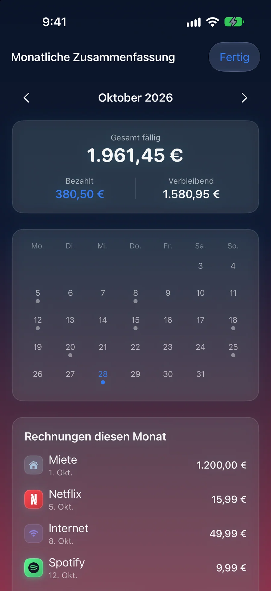 AllPaid-Monatsübersicht mit Fälligkeitskalender sowie bezahlten und offenen Summen