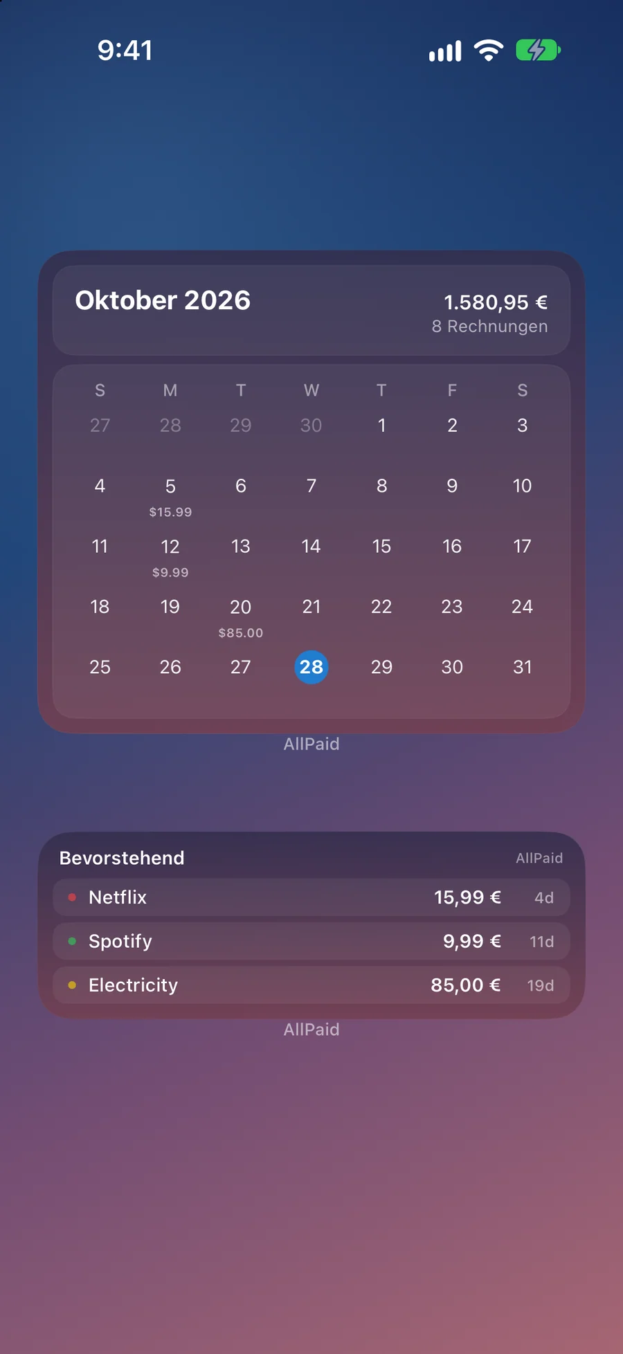 AllPaid-Widgets auf dem Home-Bildschirm mit Monatskalender und anstehenden Rechnungen