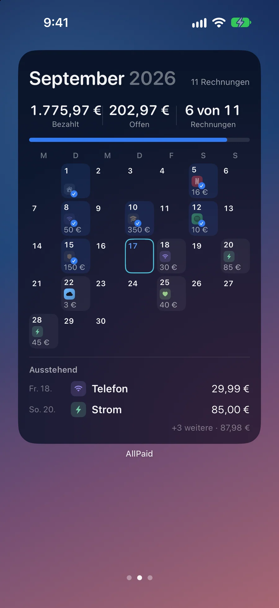 Extragroßes AllPaid-Kalender-Widget mit den Rechnungen eines Monats