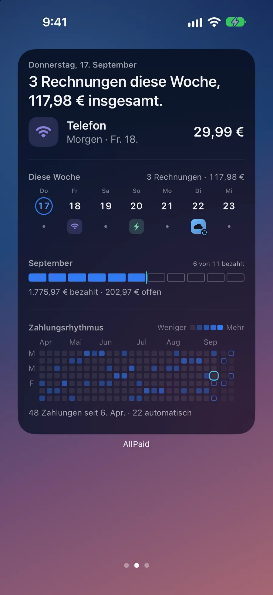 Extragroßes AllPaid-Widget „Horizont“ mit den Rechnungen dieser Woche und laufender Summe