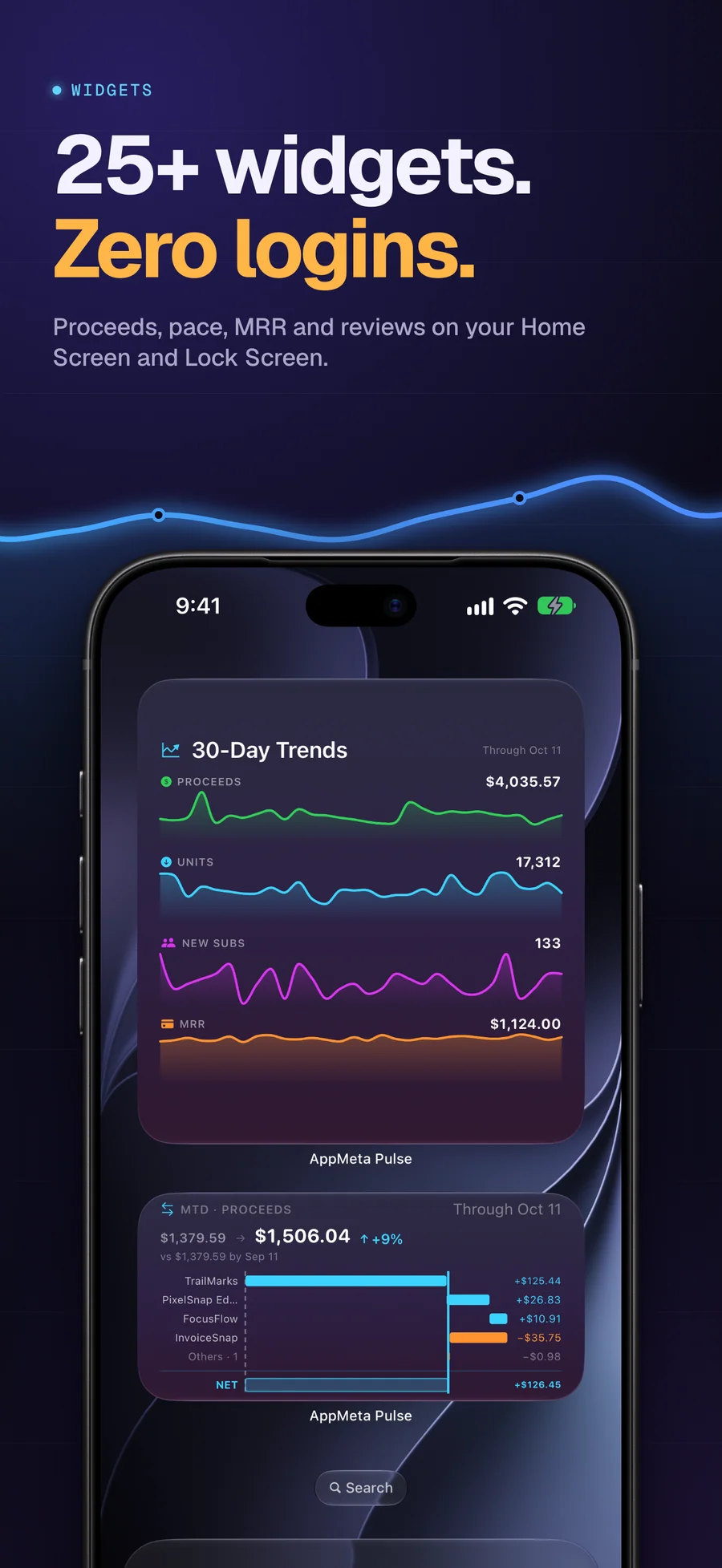 AppMeta Pulse 30-day trends widget for the Home Screen and Lock Screen