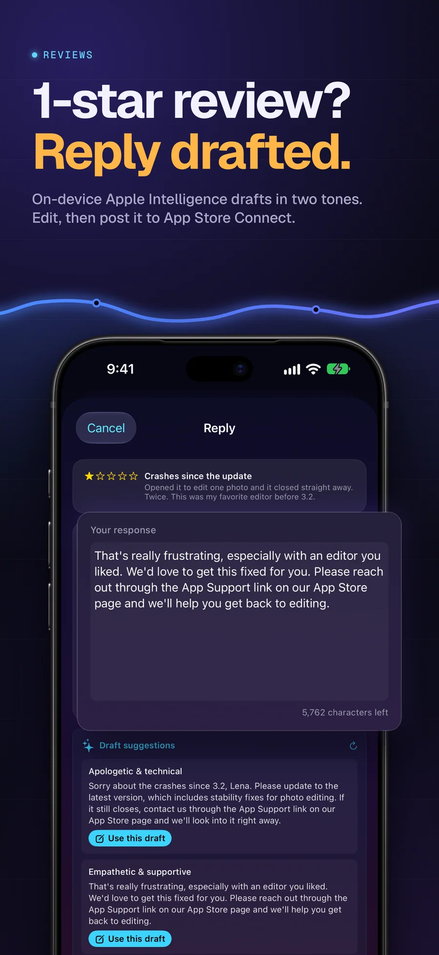 AppMeta Pulse drafting a reply to a 1-star App Store review on device