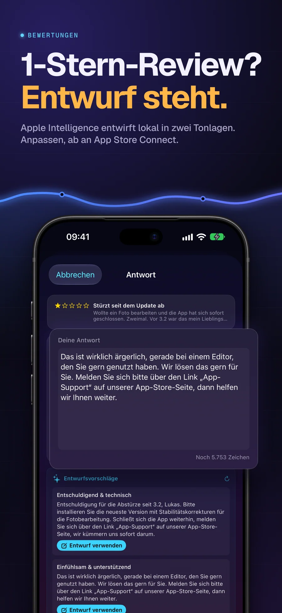 AppMeta Pulse entwirft auf dem Gerät eine Antwort auf eine 1-Stern-Bewertung im App Store