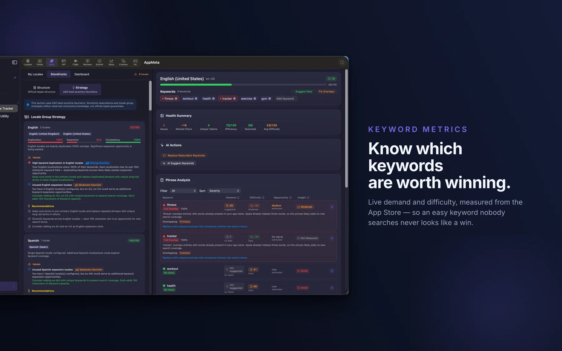 AppMeta for Mac keyword coverage view across locales