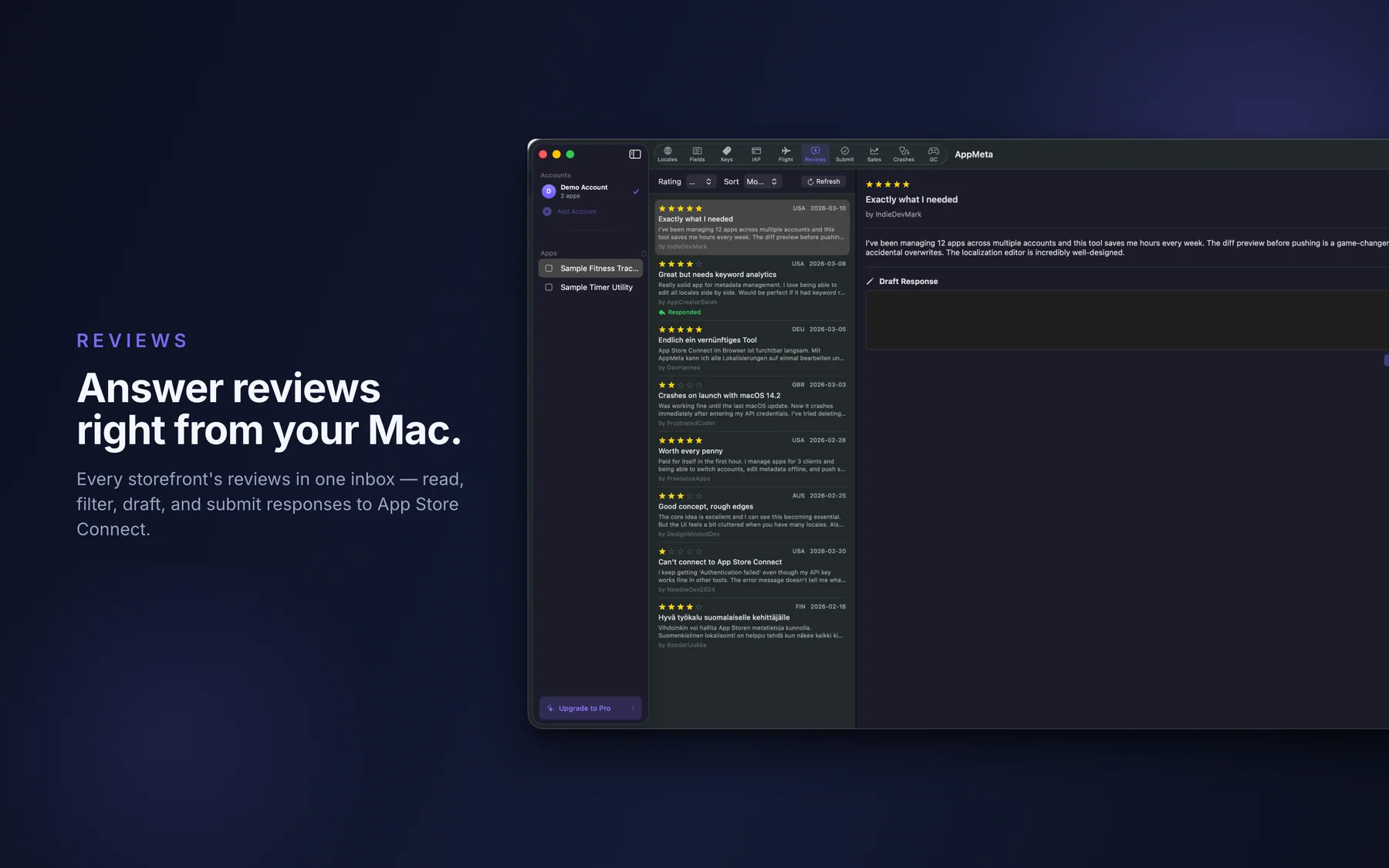 AppMeta for Mac reviews view for reading and replying to App Store reviews