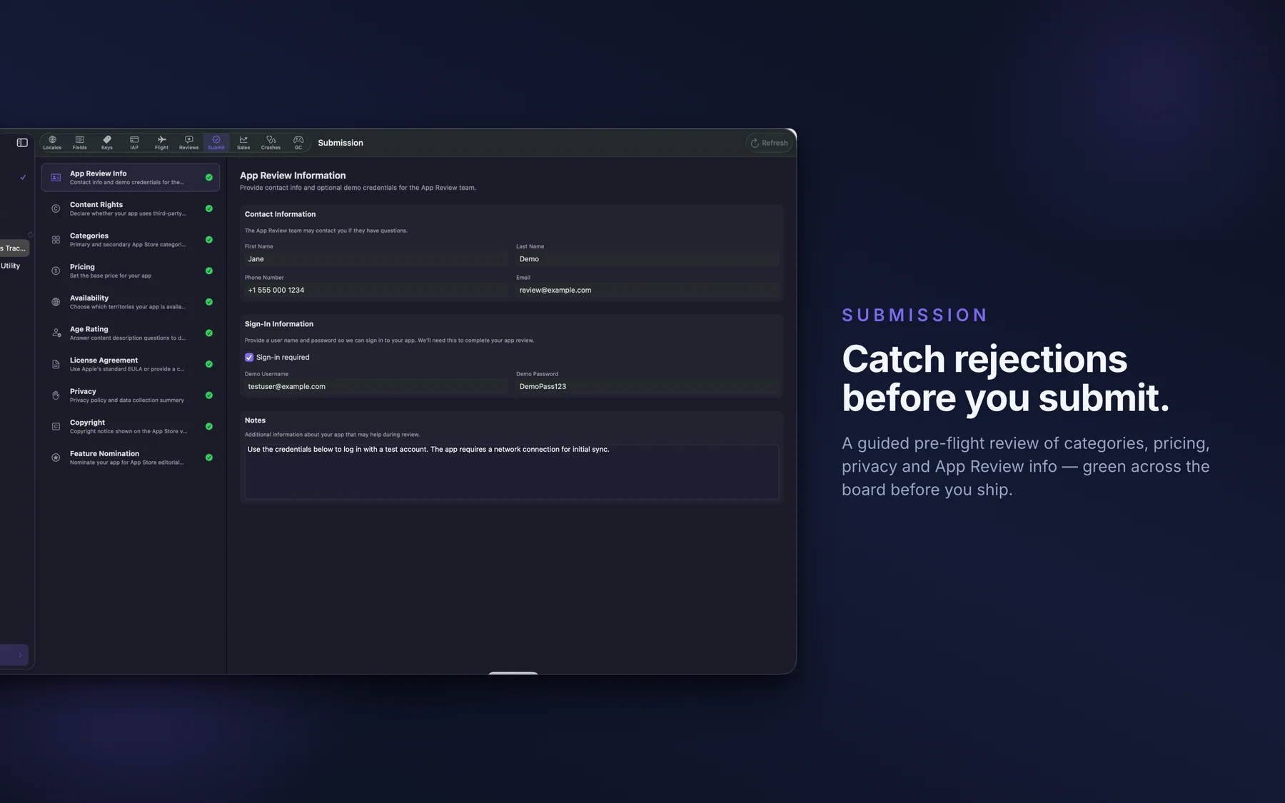 AppMeta for Mac submission screen checking an app version before review
