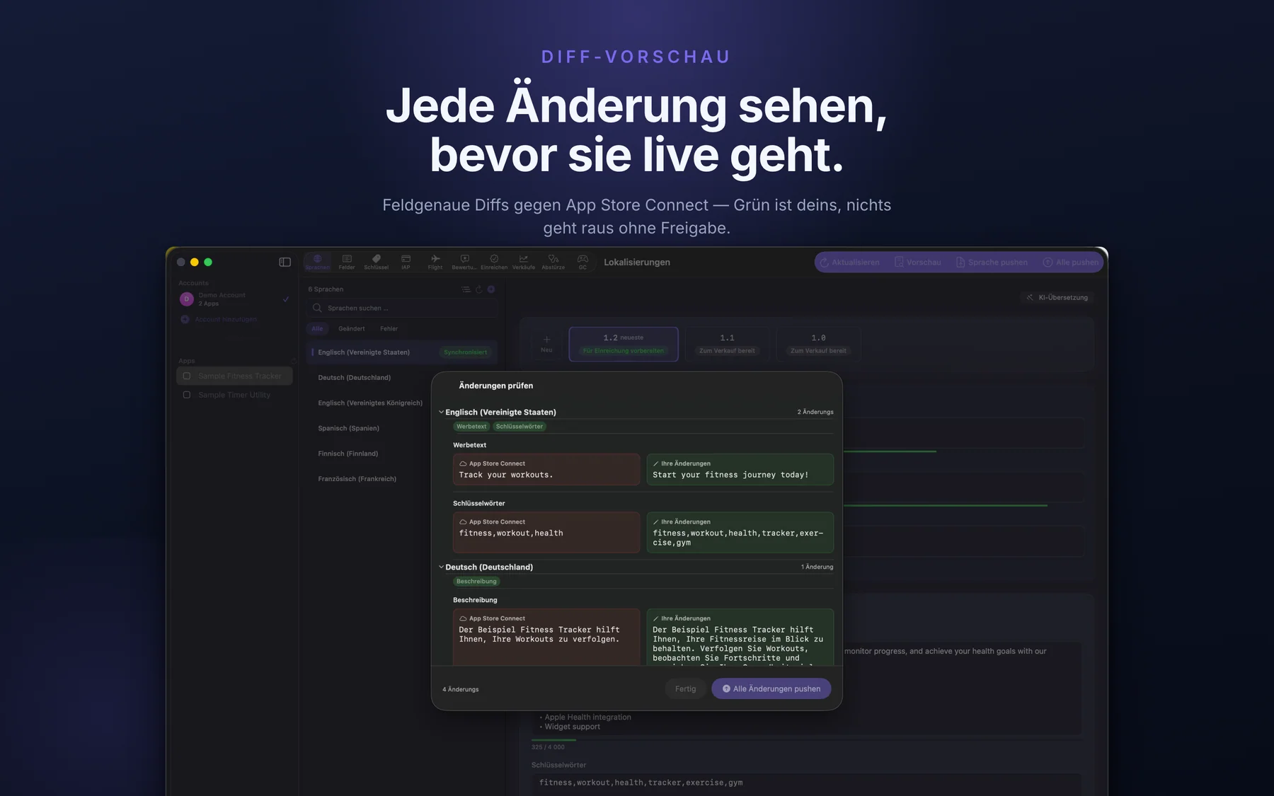 AppMeta auf dem Mac mit einer Vorschau der Änderungen an den App-Store-Metadaten vor dem Push
