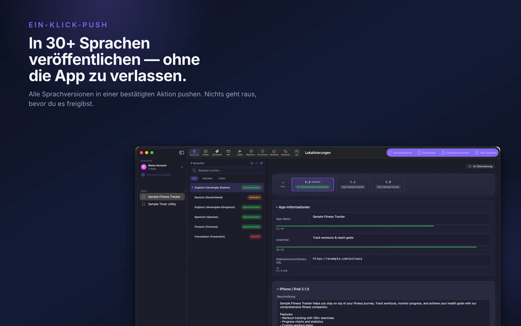 AppMeta auf dem Mac pusht die Metadaten aller Sprachen auf einmal