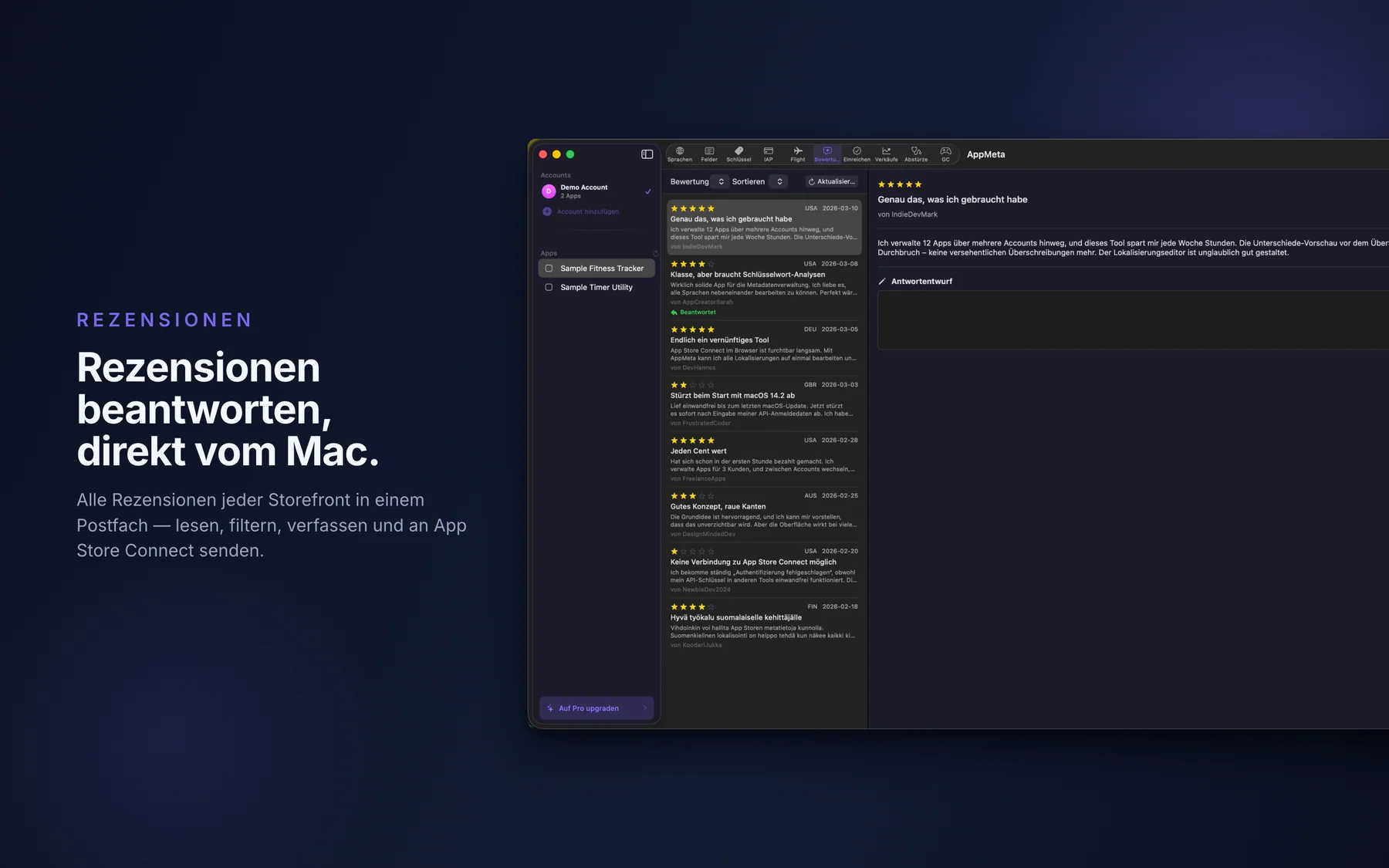 Bewertungen in AppMeta auf dem Mac, zum Lesen und Beantworten von App-Store-Bewertungen
