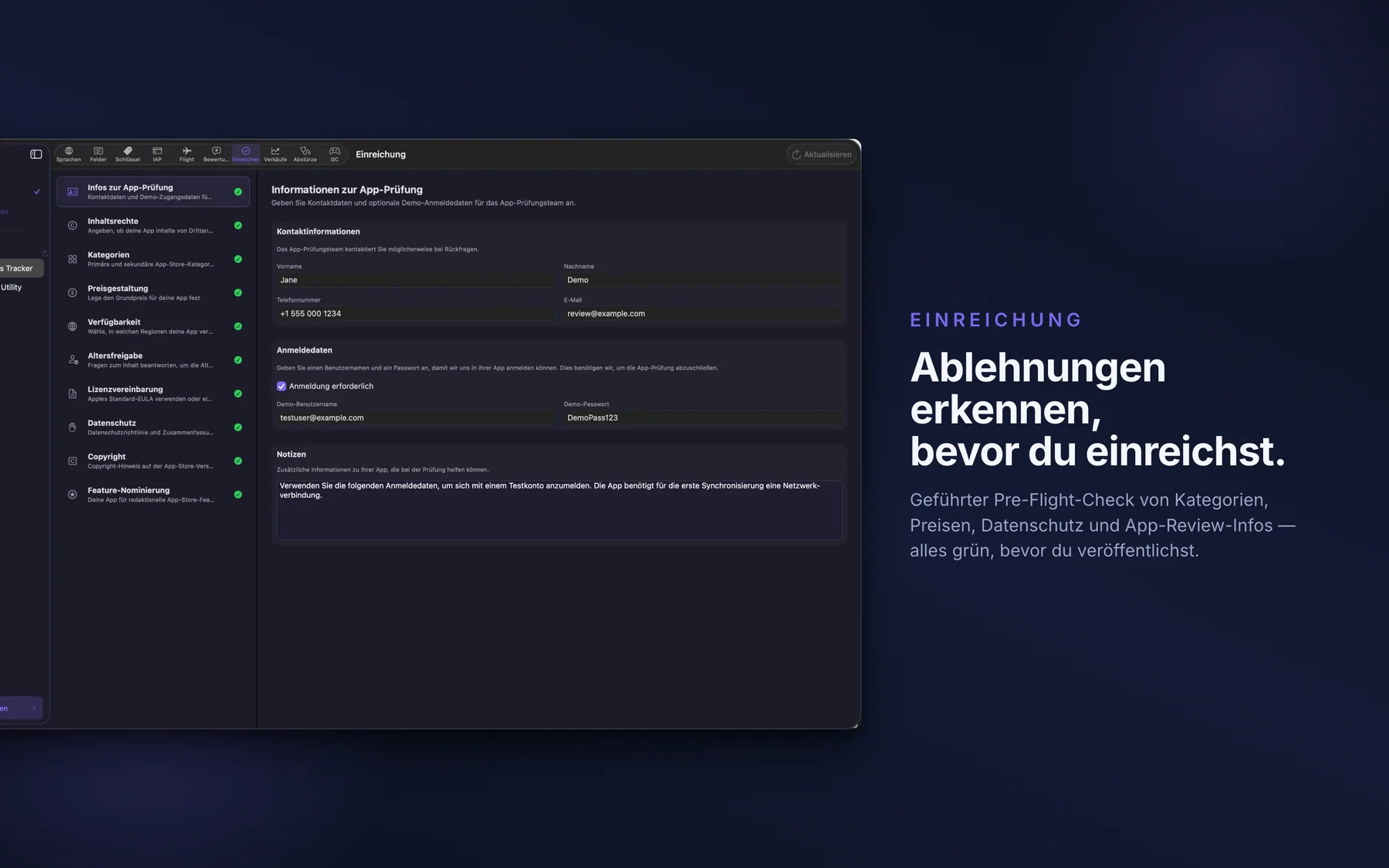 Einreichung in AppMeta auf dem Mac: Eine App-Version wird vor der Prüfung kontrolliert