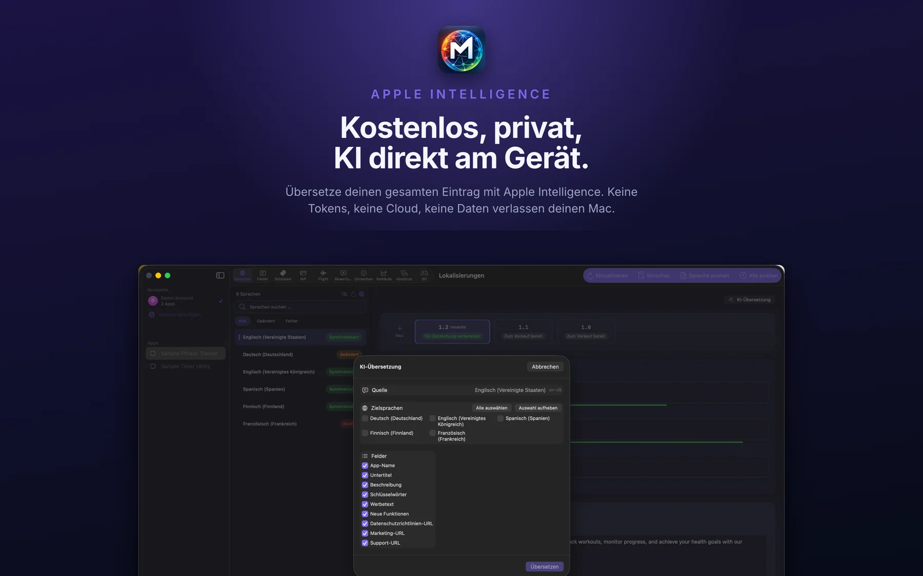 KI-Übersetzung von App-Metadaten in andere Sprachen in AppMeta auf dem Mac