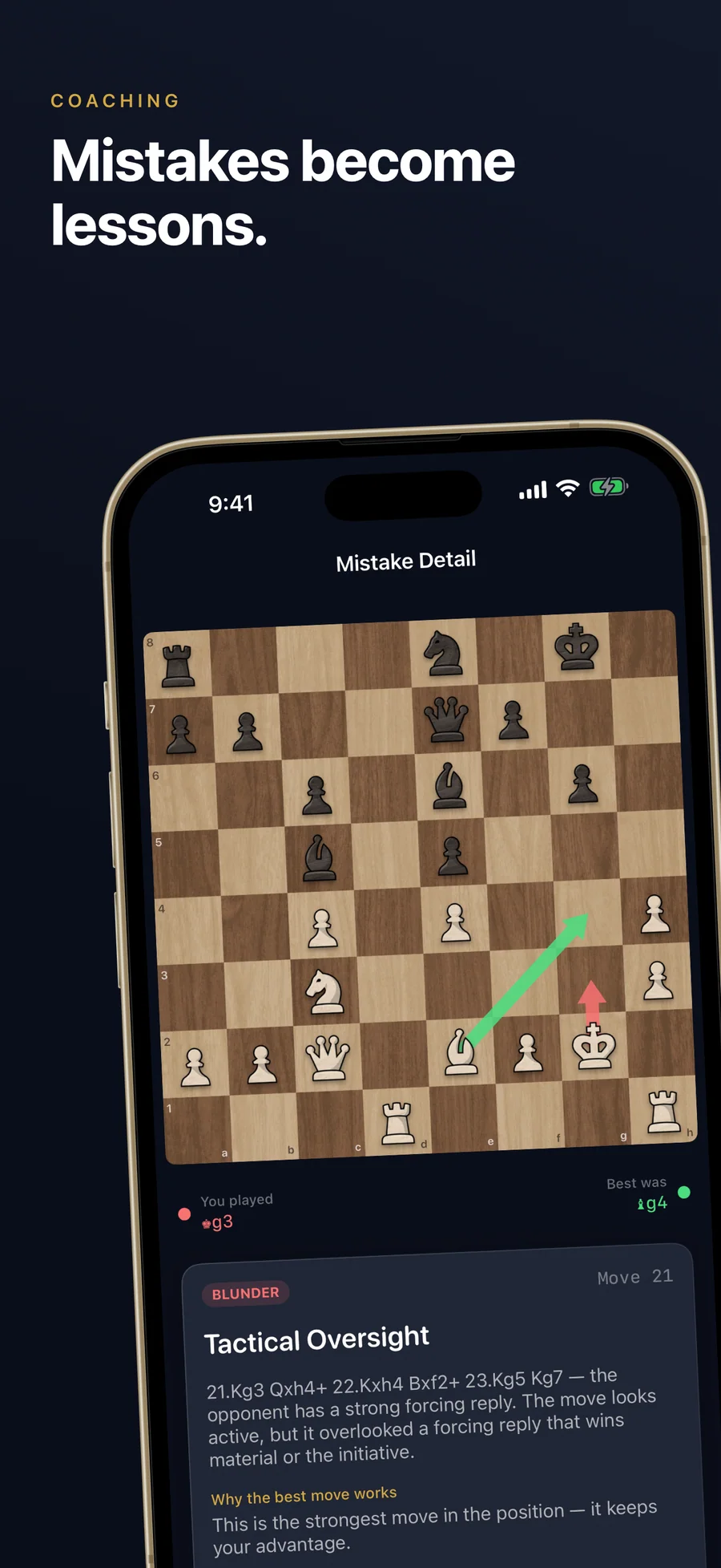 Chessful mistake detail showing the better move on the board with an explanation