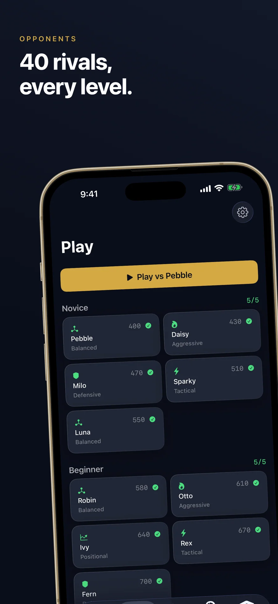 Chessful play screen listing computer opponents by level