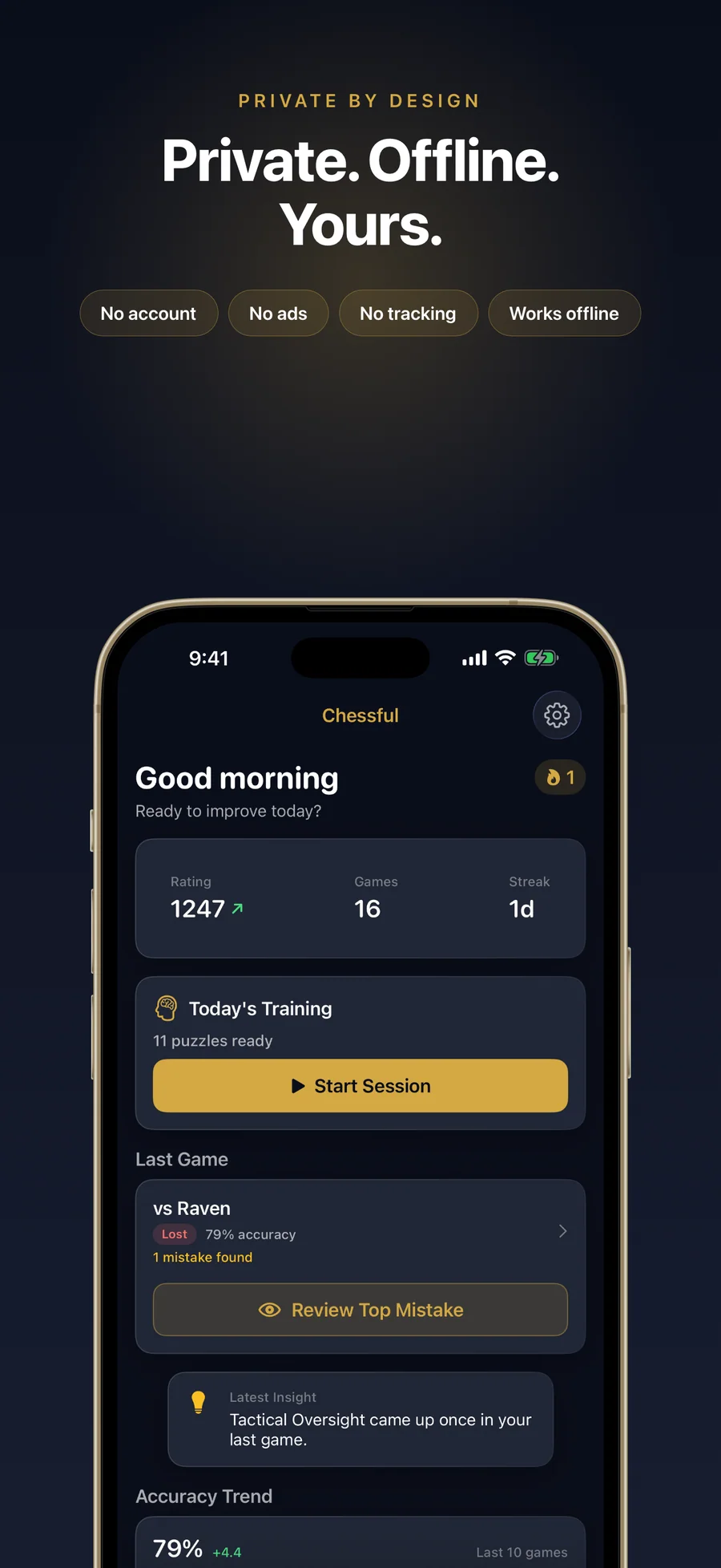 Chessful dashboard with rating, skills, and today's training