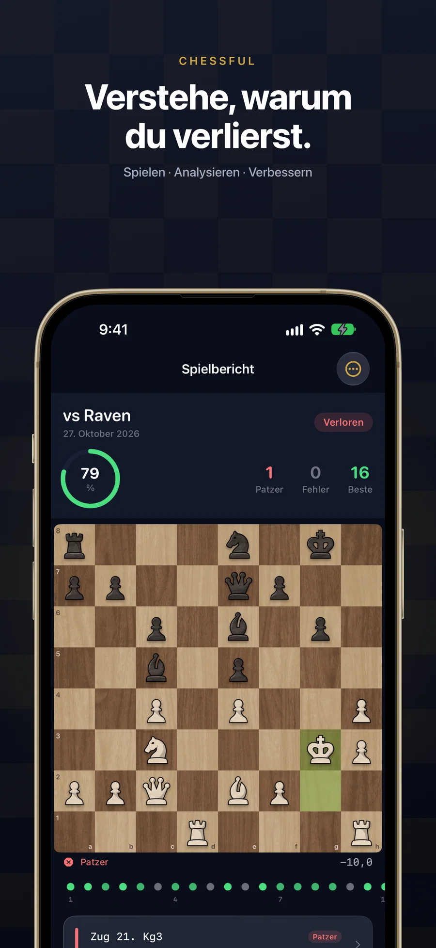 Spielbericht in Chessful auf dem iPhone mit Genauigkeit und Schlüsselmomenten