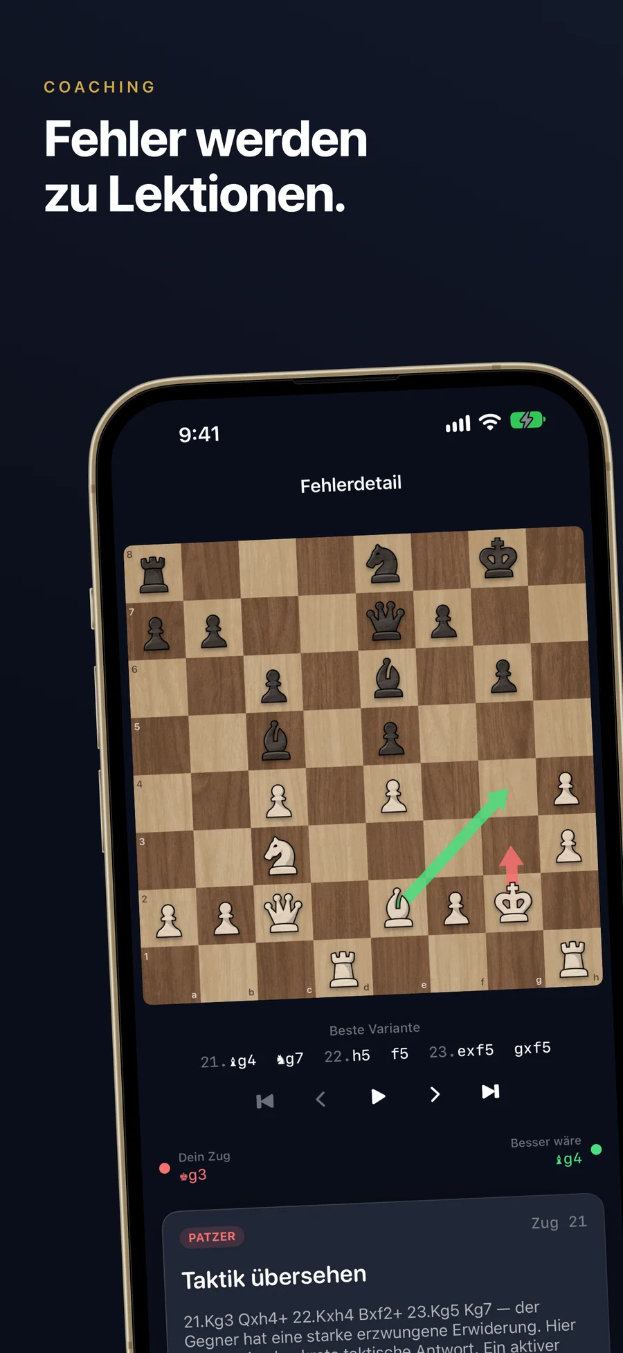 Fehlerdetail in Chessful mit dem besseren Zug auf dem Brett und einer Erklärung