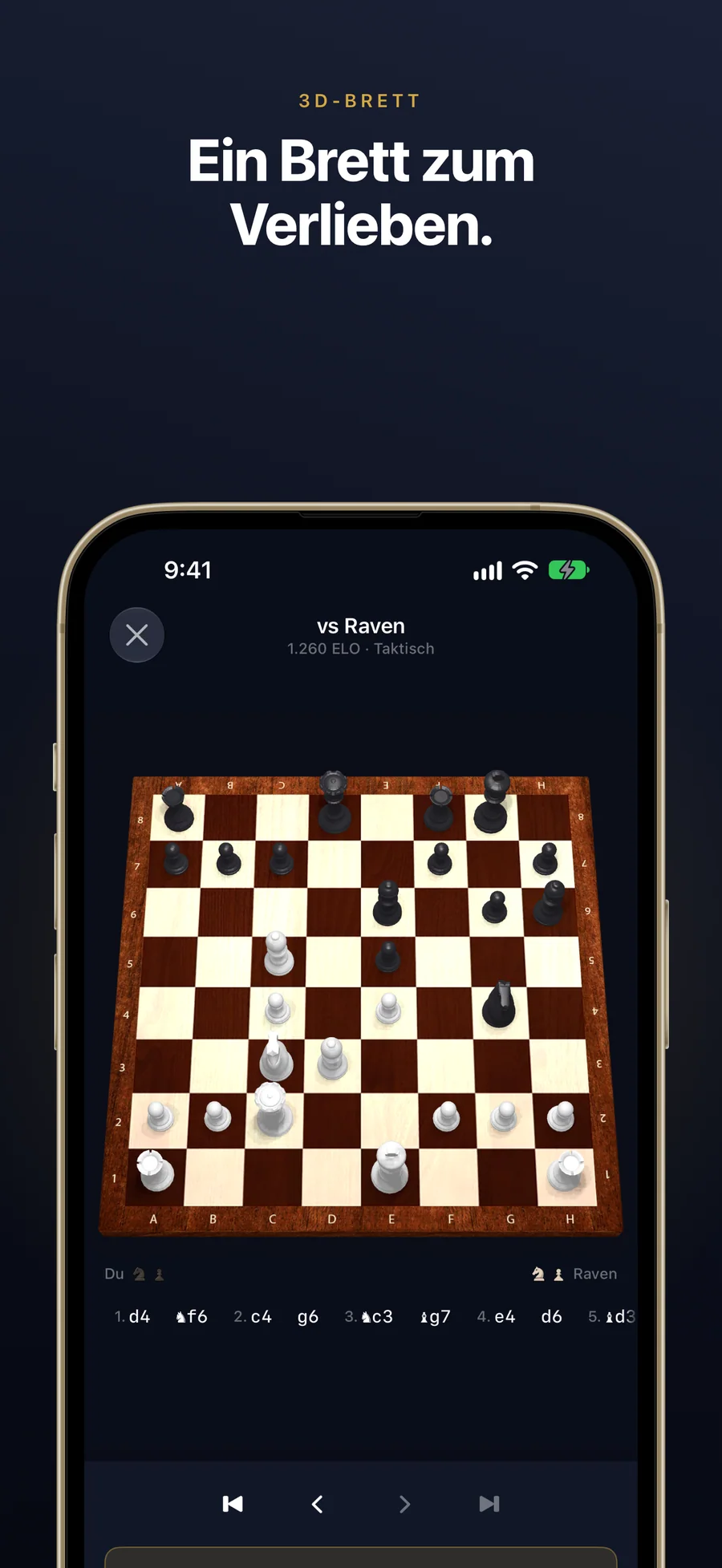 Das 3D-Brett von Chessful mitten in einer Partie gegen einen Gegner