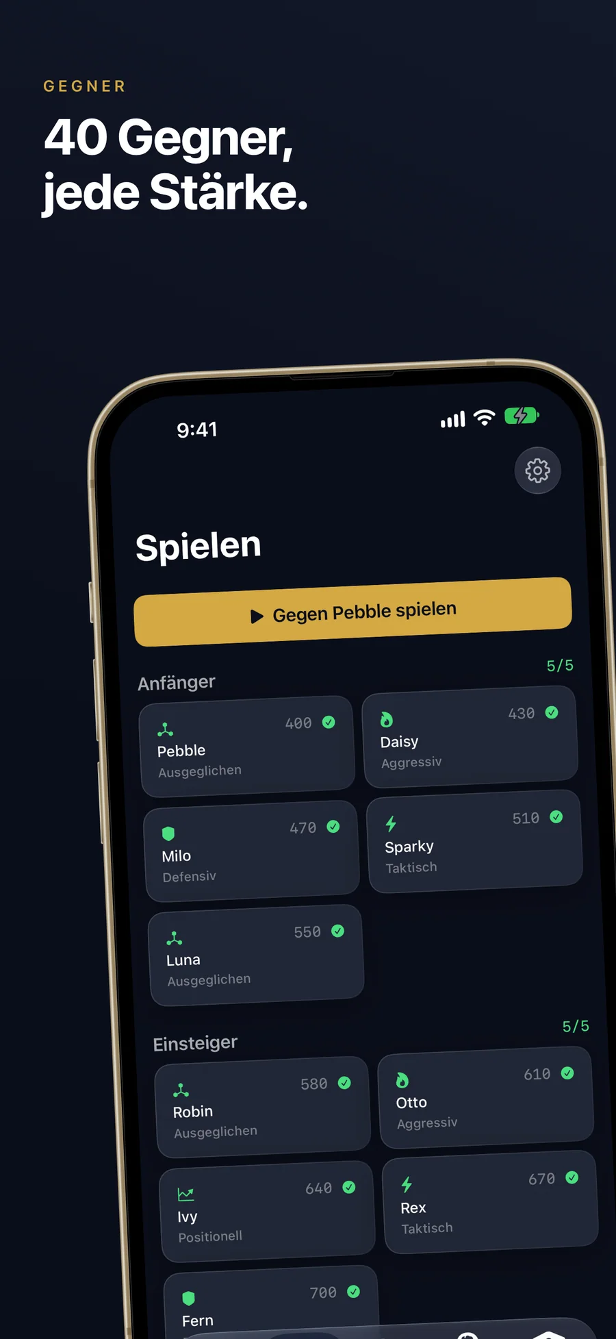 Spielen-Ansicht von Chessful mit den Computergegnern nach Stufe