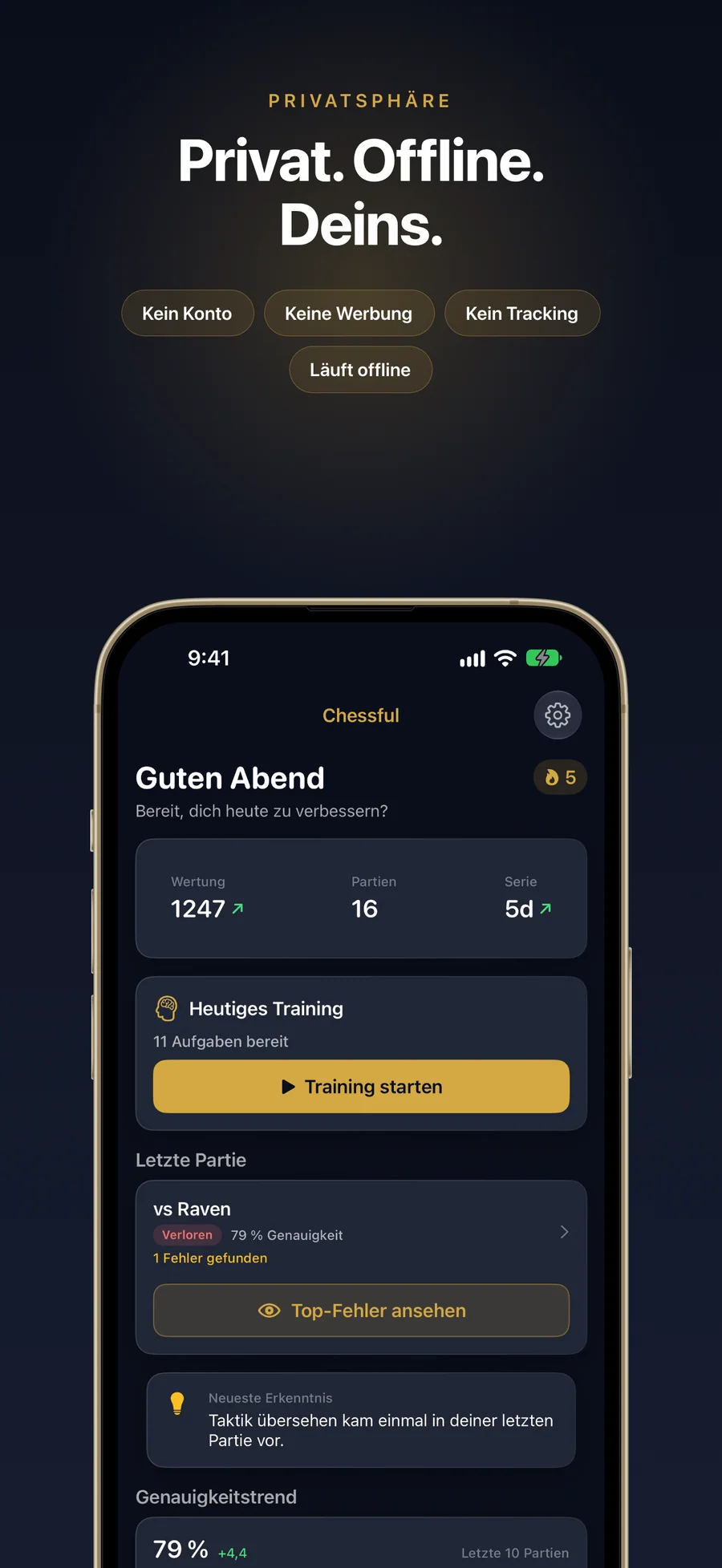 Übersicht in Chessful mit Wertung, Fähigkeiten und dem heutigen Training