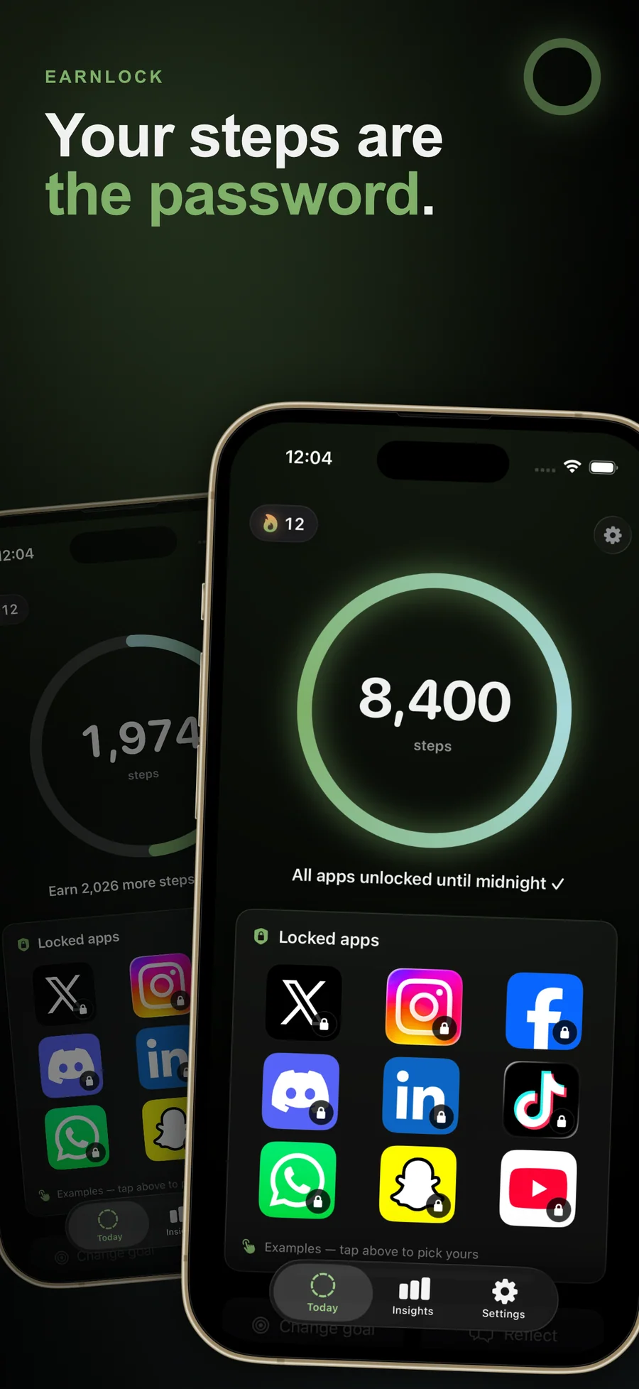 EarnLock home screen on iPhone showing a step ring and locked apps that unlock as you walk