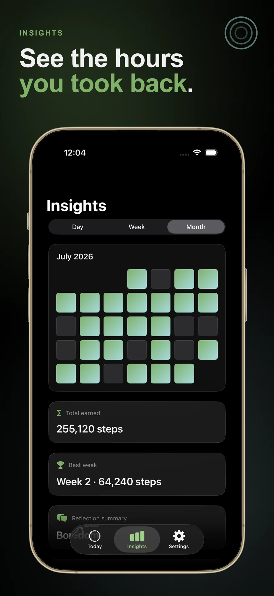 EarnLock monthly insights with total steps and best week