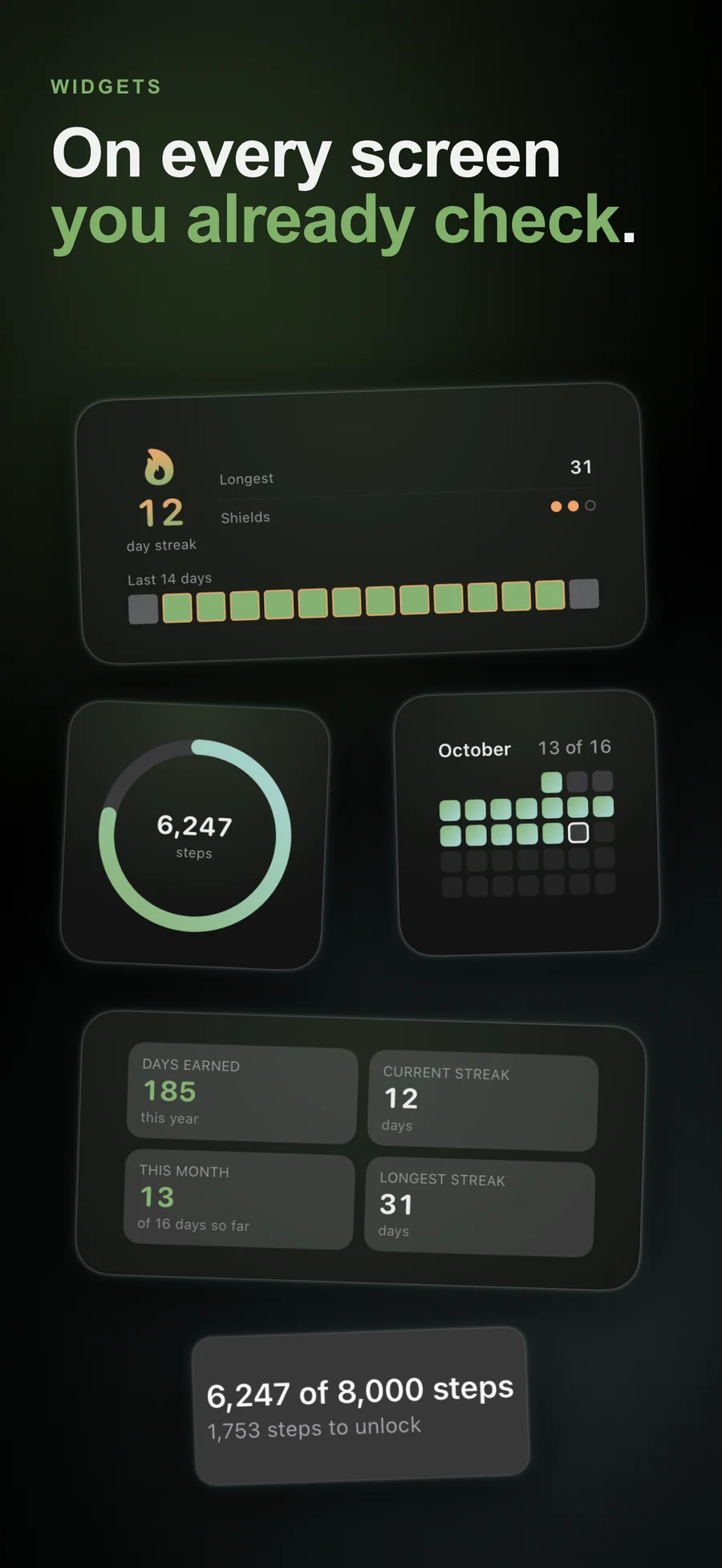 EarnLock Home Screen widgets showing steps and progress to unlock