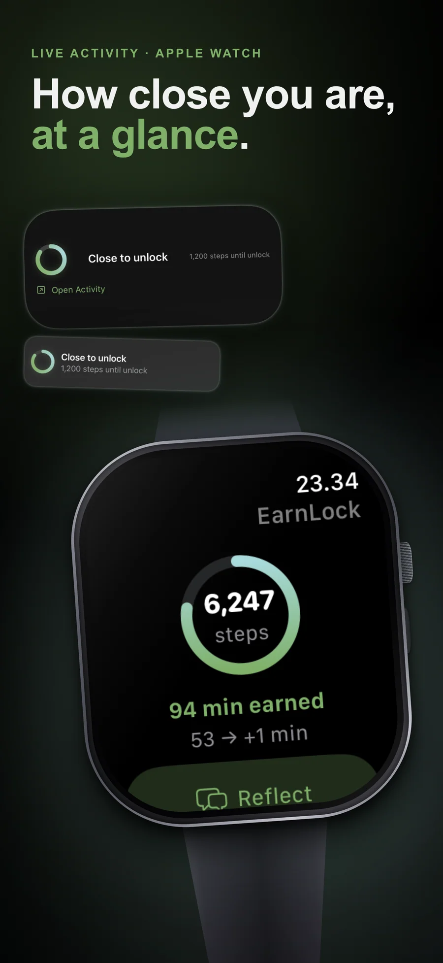 EarnLock Live Activity and Apple Watch showing how close you are to unlocking