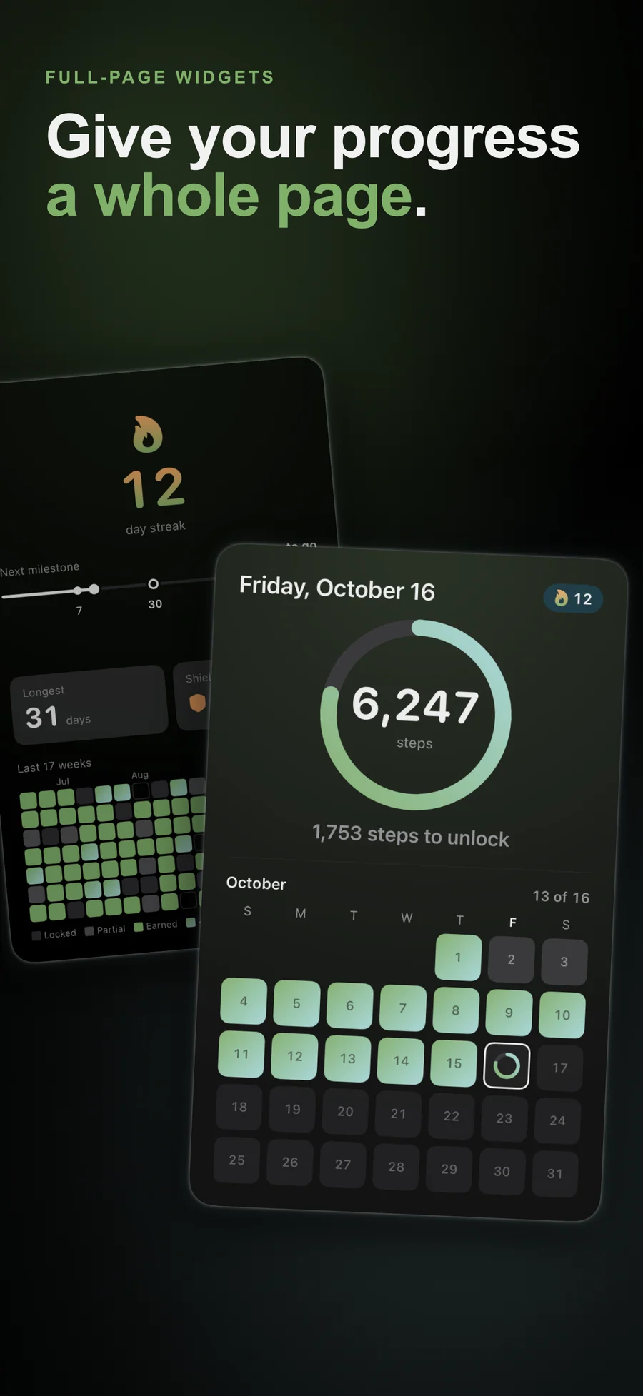 EarnLock full-page widget with a progress calendar