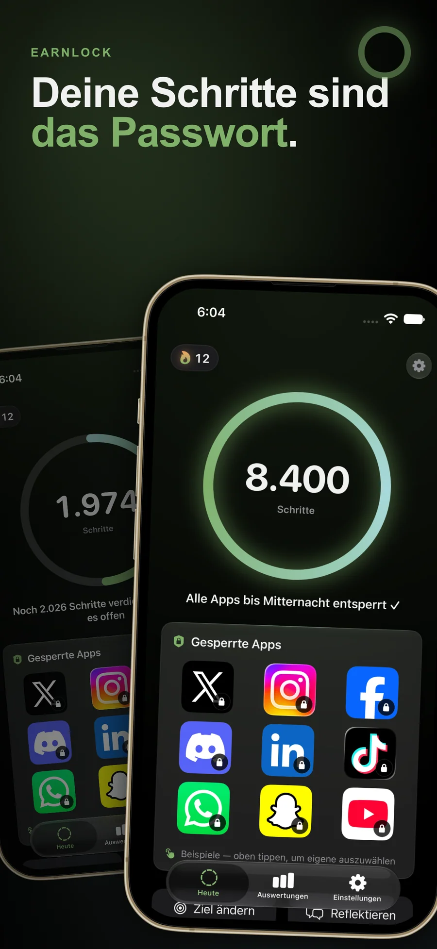 EarnLock auf dem iPhone mit Schrittring und gesperrten Apps, die aufgehen, während du gehst