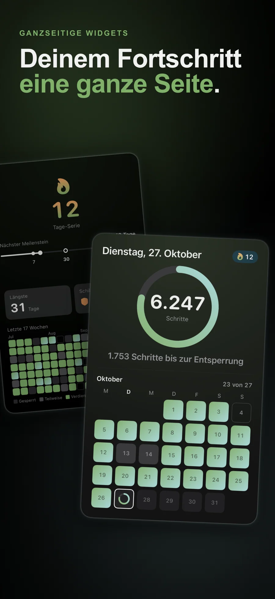 Ganzseitiges EarnLock-Widget mit Fortschrittskalender