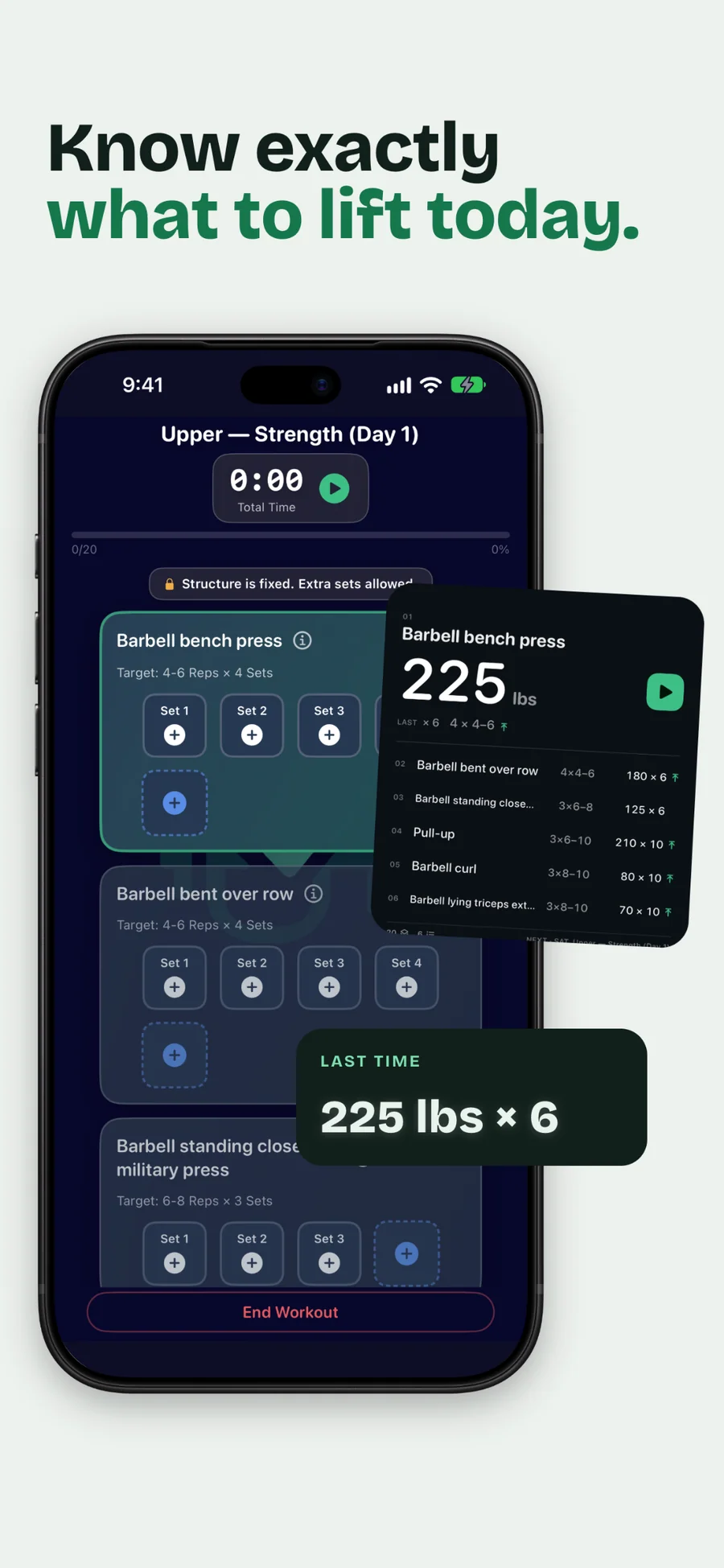 GymLogger X workout on iPhone: barbell bench press sets with last time's 225 lbs × 6 shown beside the set rows