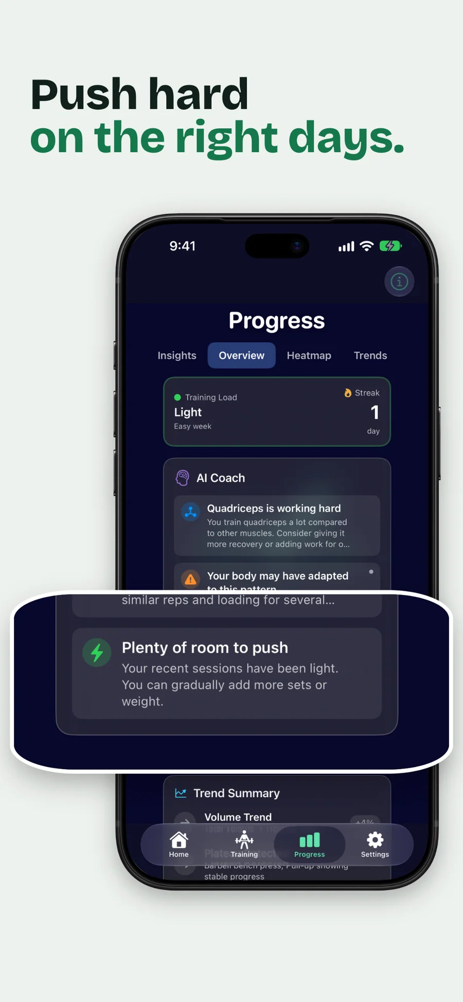 GymLogger X Progress Overview with training load and a suggestion that there is room to push