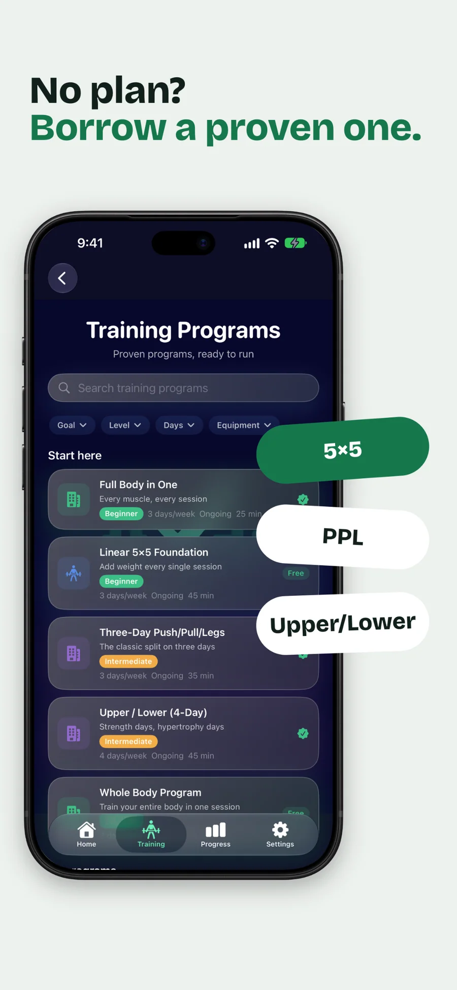 GymLogger X Training Programs catalog with filters and programs such as Linear 5×5 Foundation and Upper/Lower